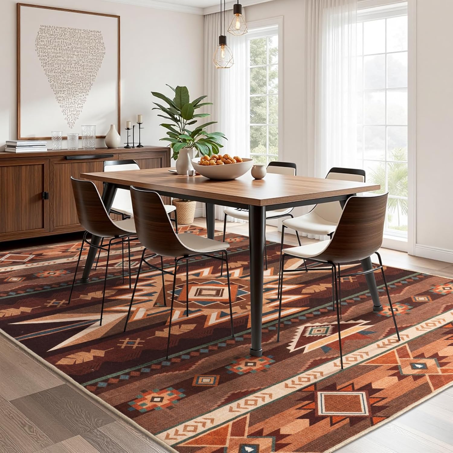 Western Rug for Living Room, 9x12 Non Slip Low Pile Aztec Rug for Bedroom, Dining Room Rugs for Under Table, Office, Large Machine Washable Area Rugs, Red Brown