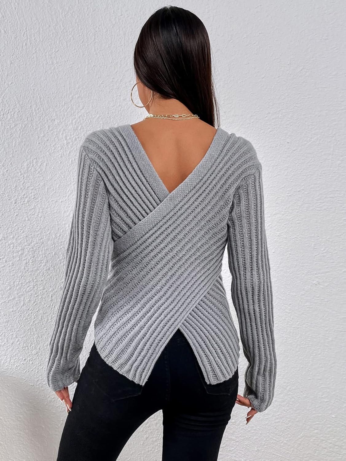 Women's Sweater Wrap Cross Neck Sweater Sweater for Women (Color : Gray, Size : Medium)