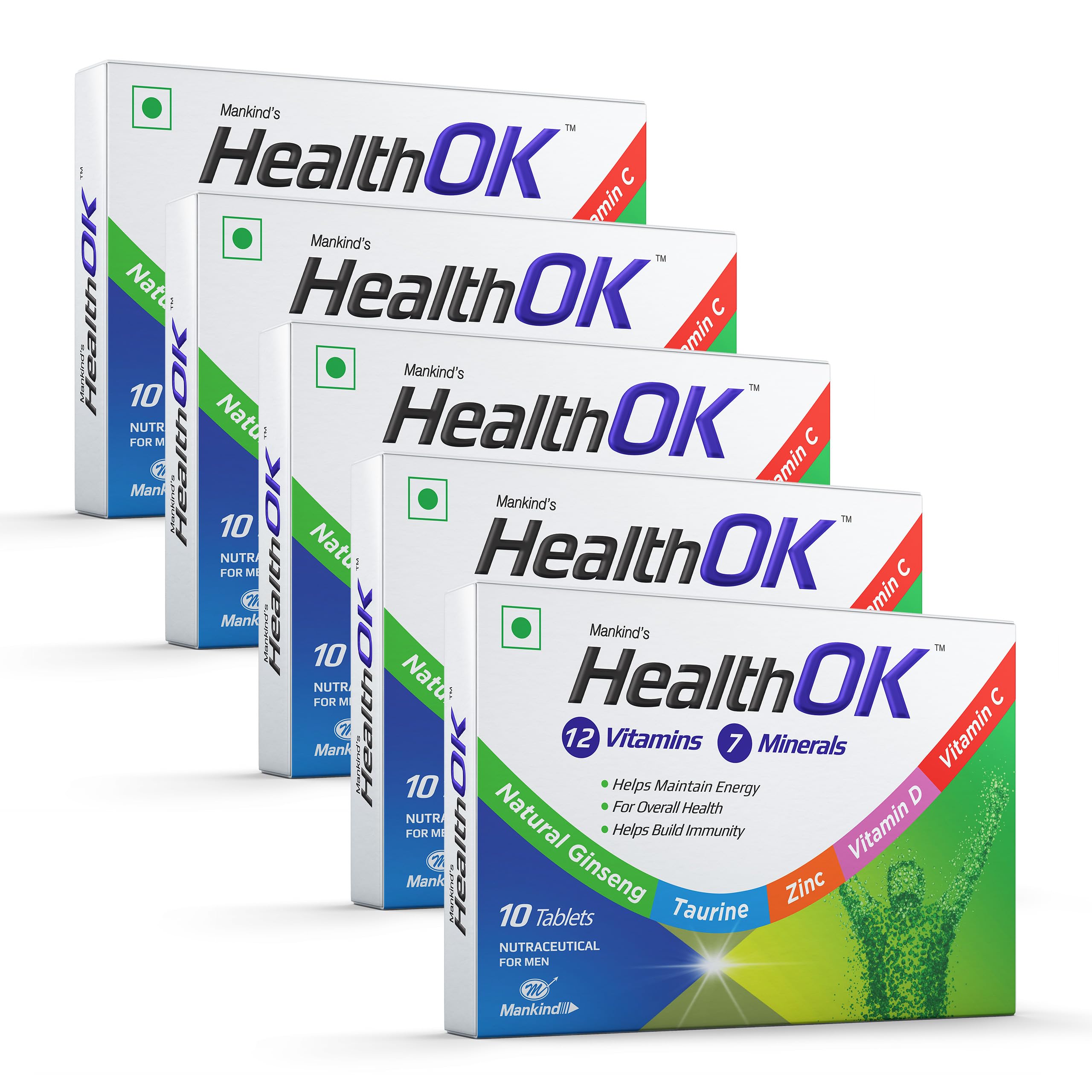 Health Ok Mankind's Multivitamin with Natural Ginseng & Taurine Power; Lemon Flavour,100% Vegetarian (5 x 10 tablets), 200 grams