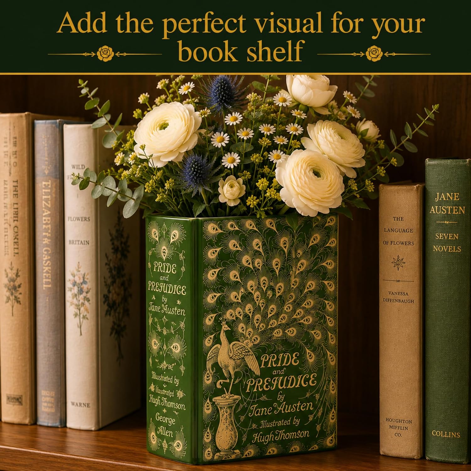 Pride and Prejudice by Jane Austen Inspired Ceramic Book Vase – Decorative Flower Vase for Bookshelf & Home Décor
