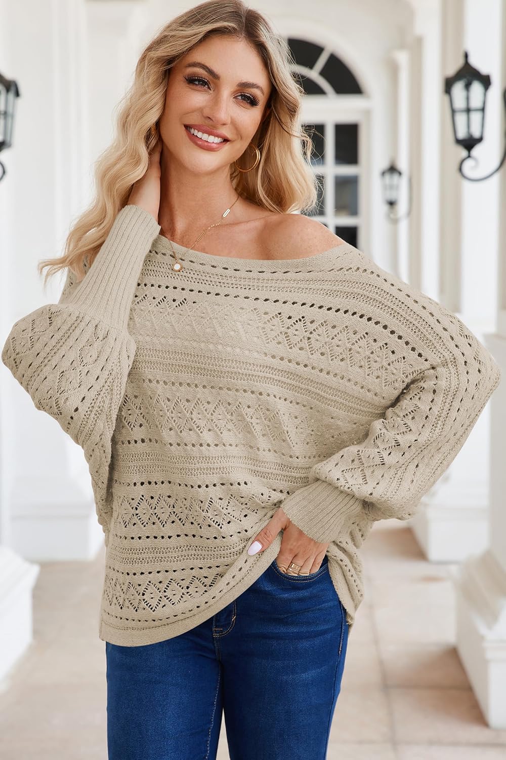 Cakulo Womens Off Shoulder Sweater Top Fall Outfits Fashion 2025 Oversized Knit Batwing Long Sleeve Crochet Pullover Sweaters - Image 8