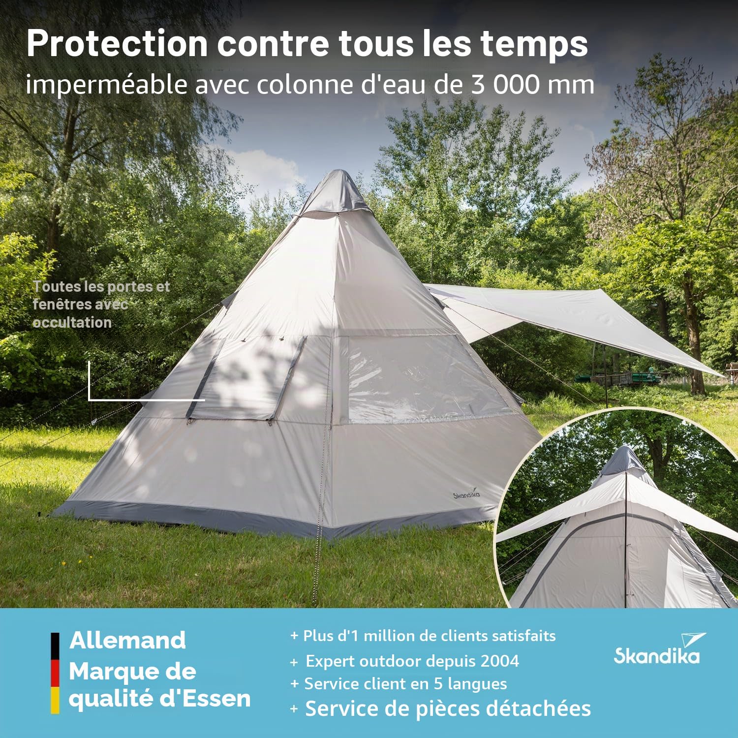 Skandika Tente Gonflable Tipi Hetta 460 Air Protect | Tente de Camping familiale Gonflable 6 Personnes, Hauteur de 2,95 m, étanche, Sol Cousu, Protection UV 50+ | Camping, Festival, Tipi Indien