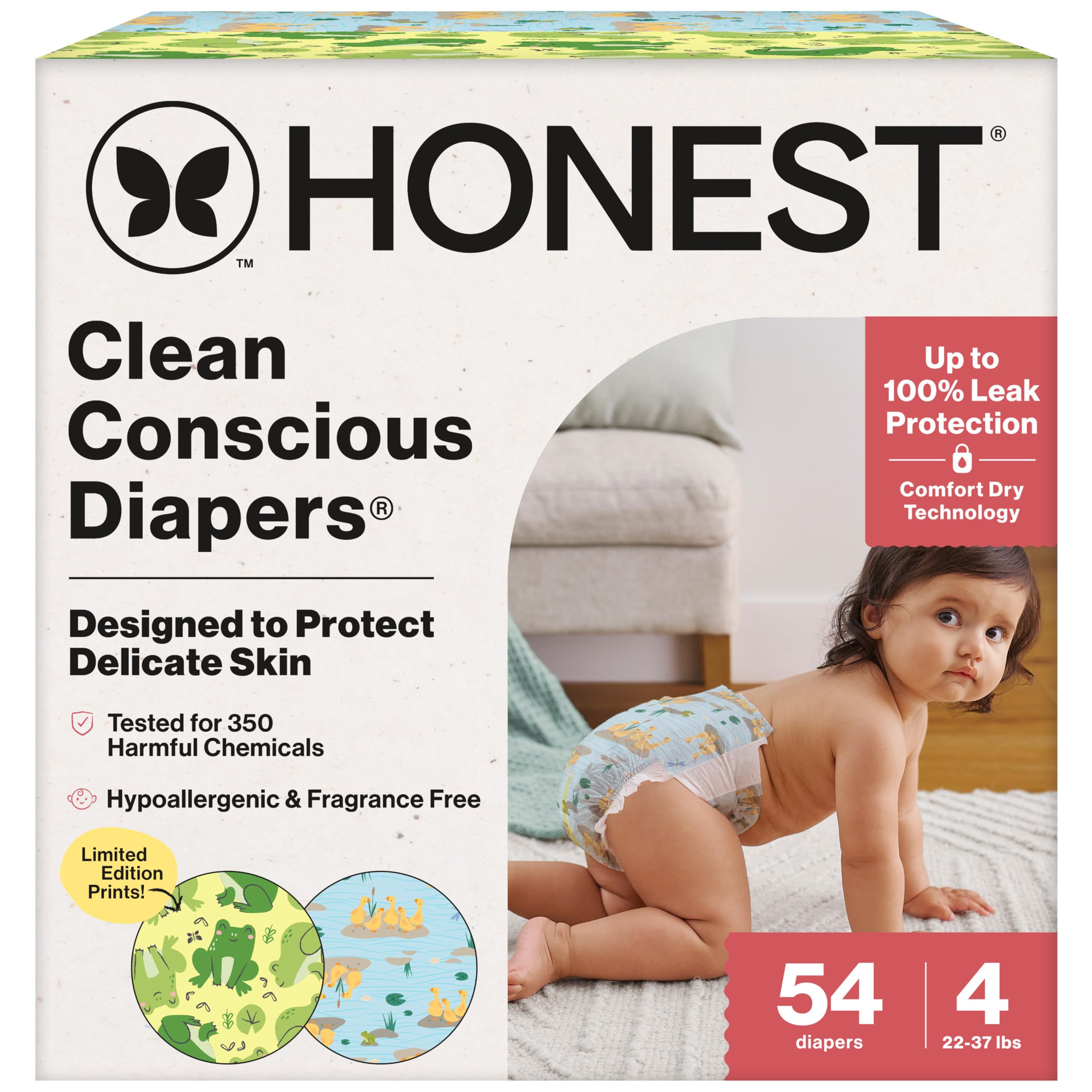 The Honest Company Clean Conscious Diapers®, protezione fino al 100% contro le perdite, progettate per proteggere la pelle delicata, ipoallergenica + senza profumo, nervature UR + Waddle It Be