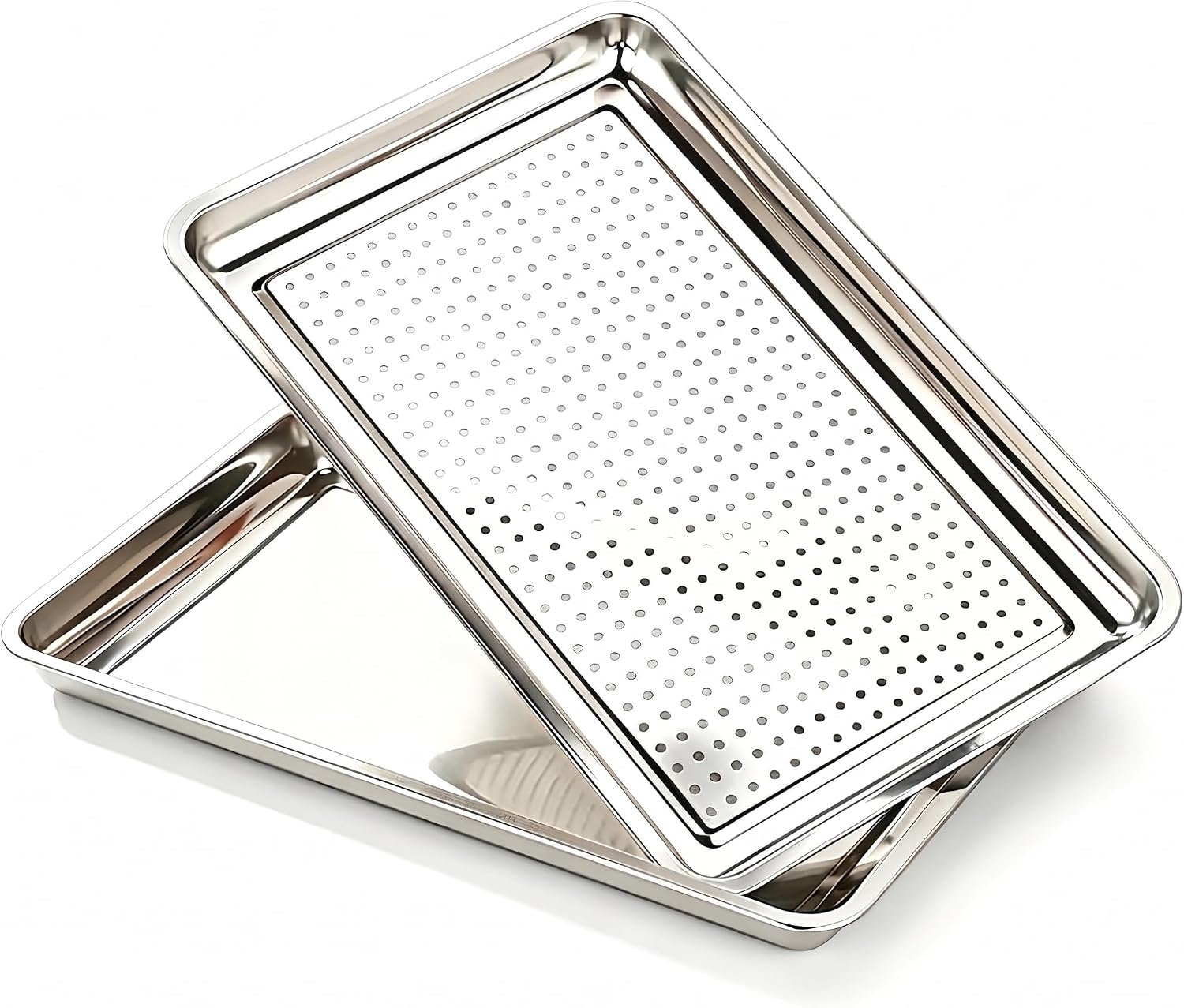 2 Pack 19.5"x13.5" Deep Roasting Pan & Perforated Crisping Tray Set | Heavy Duty, Uncoated Non-Toxic, Commercial Grade 304 Stainless Steel, For Baking Draining & Thawing