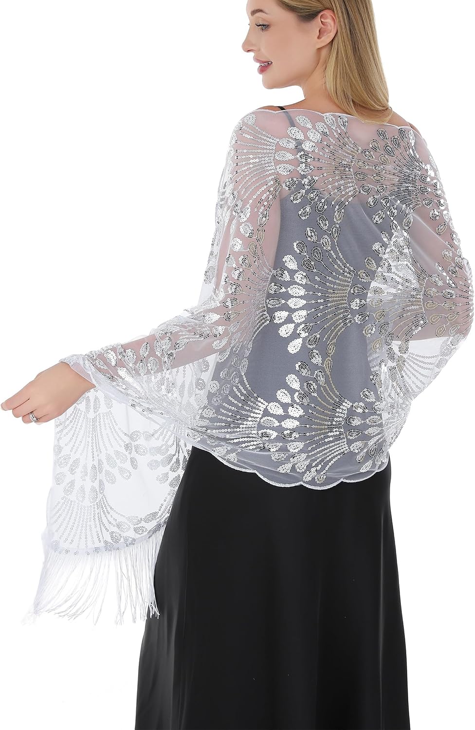 Shawls Wraps for Women, Sheer Chiffon Shawl for Formal Evening Dresses, Sparkly Sequined Tassel Weddings Cover Ups