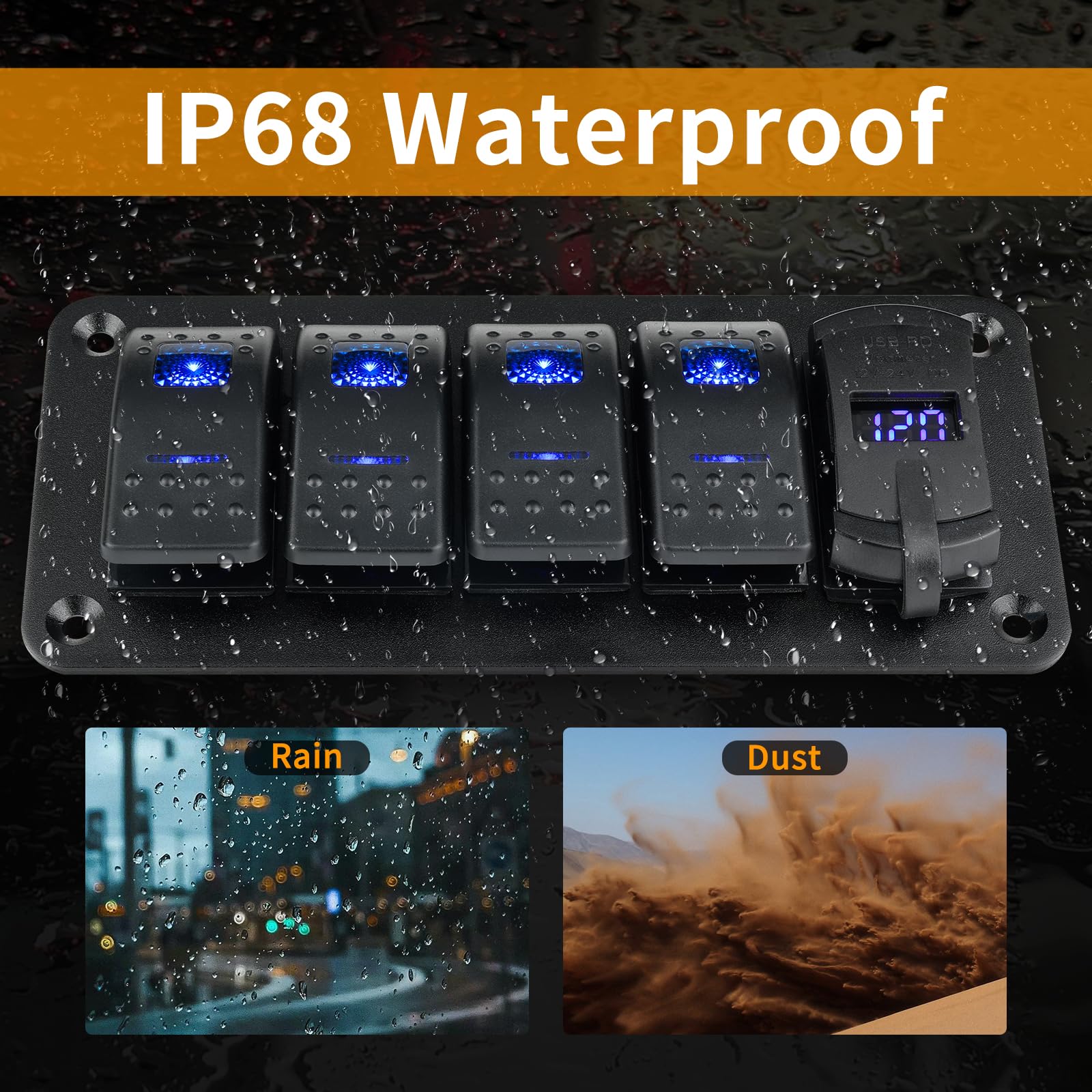 RVZONE 4-biegowy wodoszczelny panel przełącznika kołyskowego IP68, DC 12-24 V, cyfrowy woltomierz LED + podwójne USB (QC 3.0 i typ C), szybkie ładowanie, wstępnie okablowany panel przełącznika