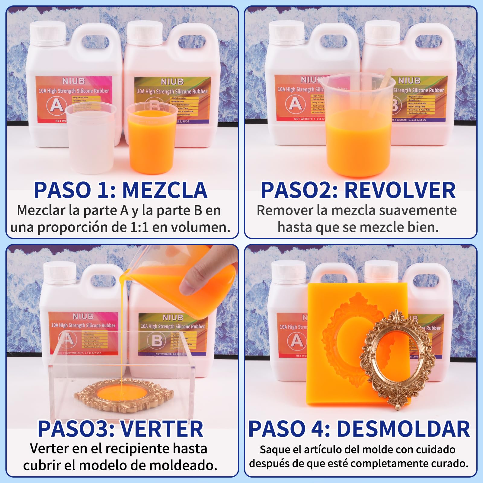 10A Silicona para Moldes, 2,3KG Silicona Liquida para Moldes, Silicone Mold Making Kit, Silicona para Moldes de Resina, Silicona para Hacer Moldes, Silicona para Moldes Flexible (Naranja)