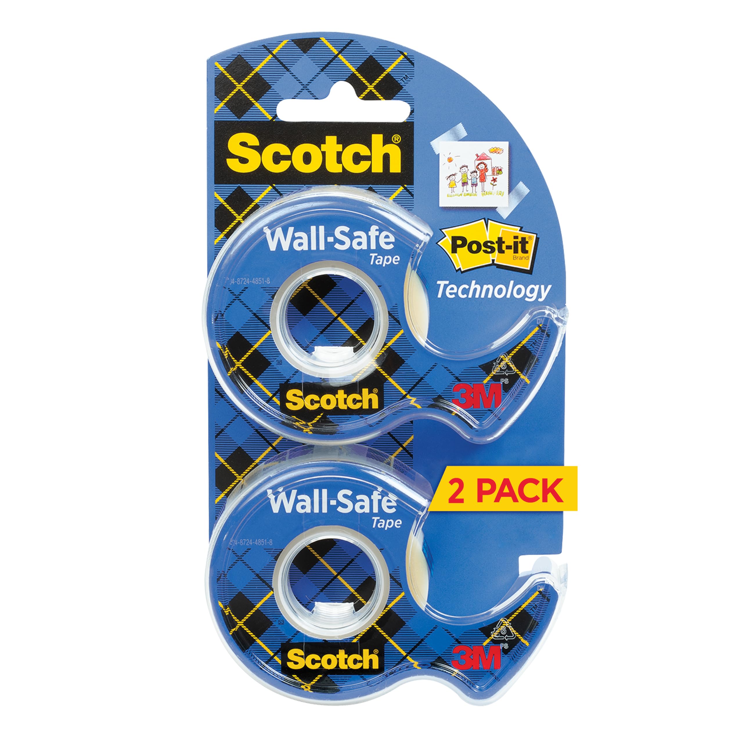 Scotch Wall-Safe Tape, 2 Dispensered Rolls, Sticks Securely, Removes Cleanly, Invisible, Designed for Displaying, Photo Safe, 3/4 in x 600 in (183-DM2)
