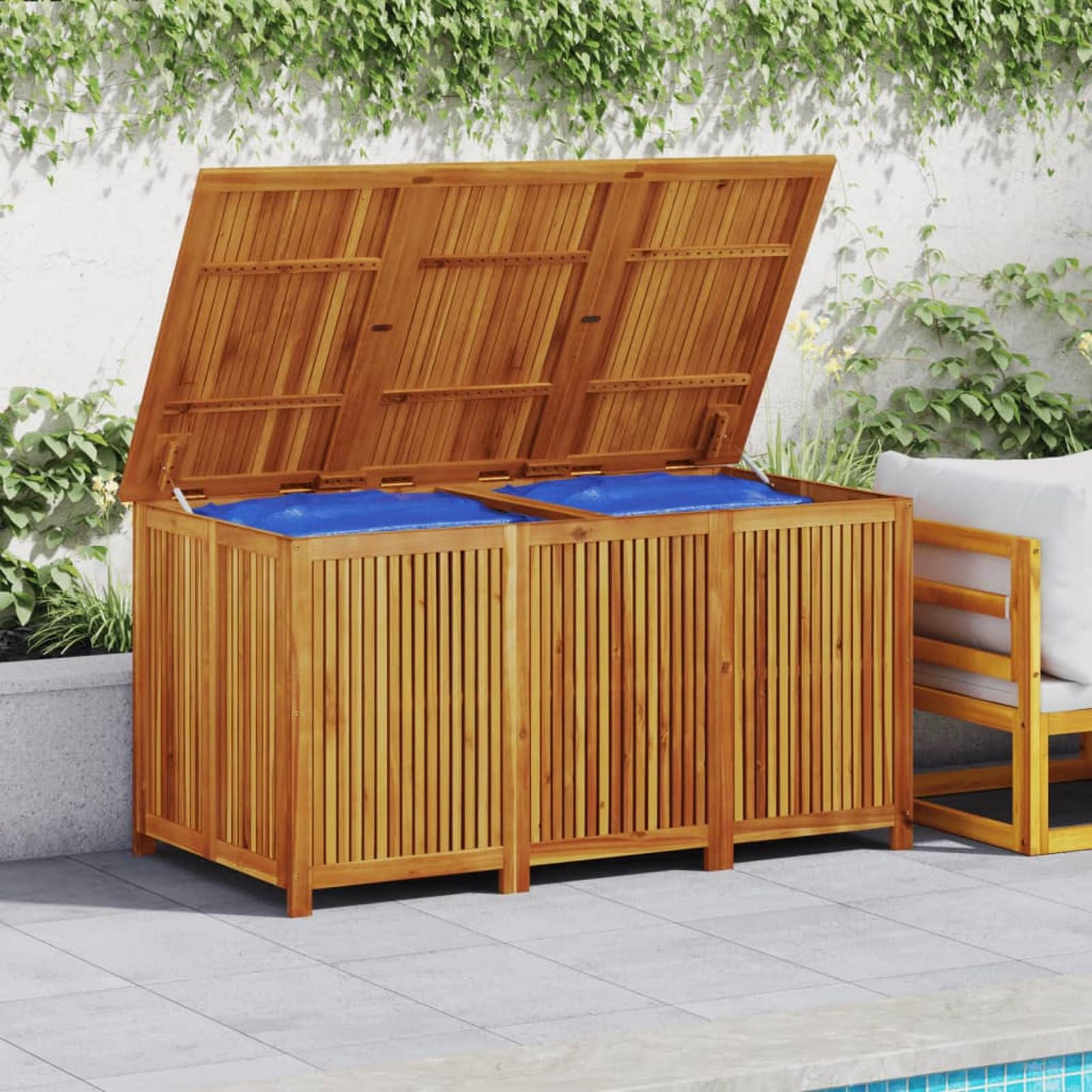 IKAYAA Gartenbox Wasserdicht XXL Akazien-Massivholz Auflagenbox Wetterfest Kissenbox Werkzeugkasten Gerätebox Gartentruhe Holz 150 x 80 x 75 cm