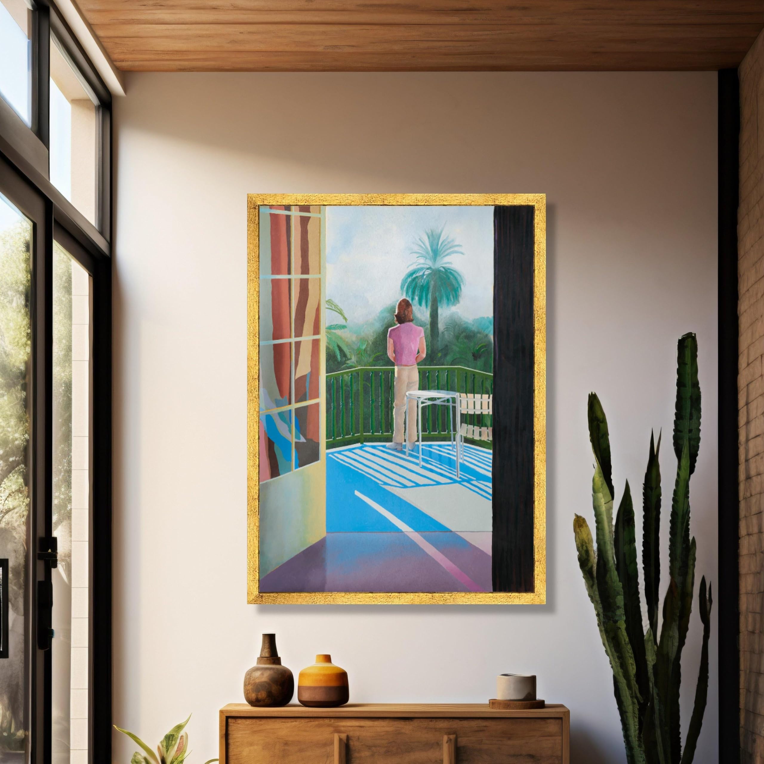 LMYCHENG David Hockney Balkonszene Poster und Drucke, Moderne figurative Wandkunst, Landschaftsgemälde auf Leinwand, Inneneinrichtung für Zuhause (70 x 100 cm/rahmenlos)