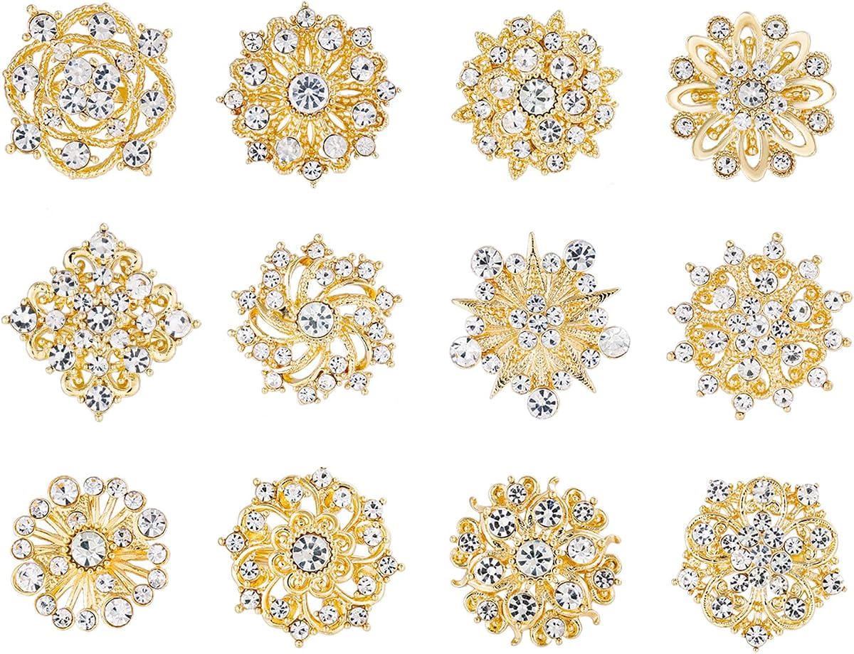 Assorted Small Size Crystal Rhinestone Flower Brooch Pins Set for Crafts Embellishment, Wedding Bouquet Brooches for Women Fashion