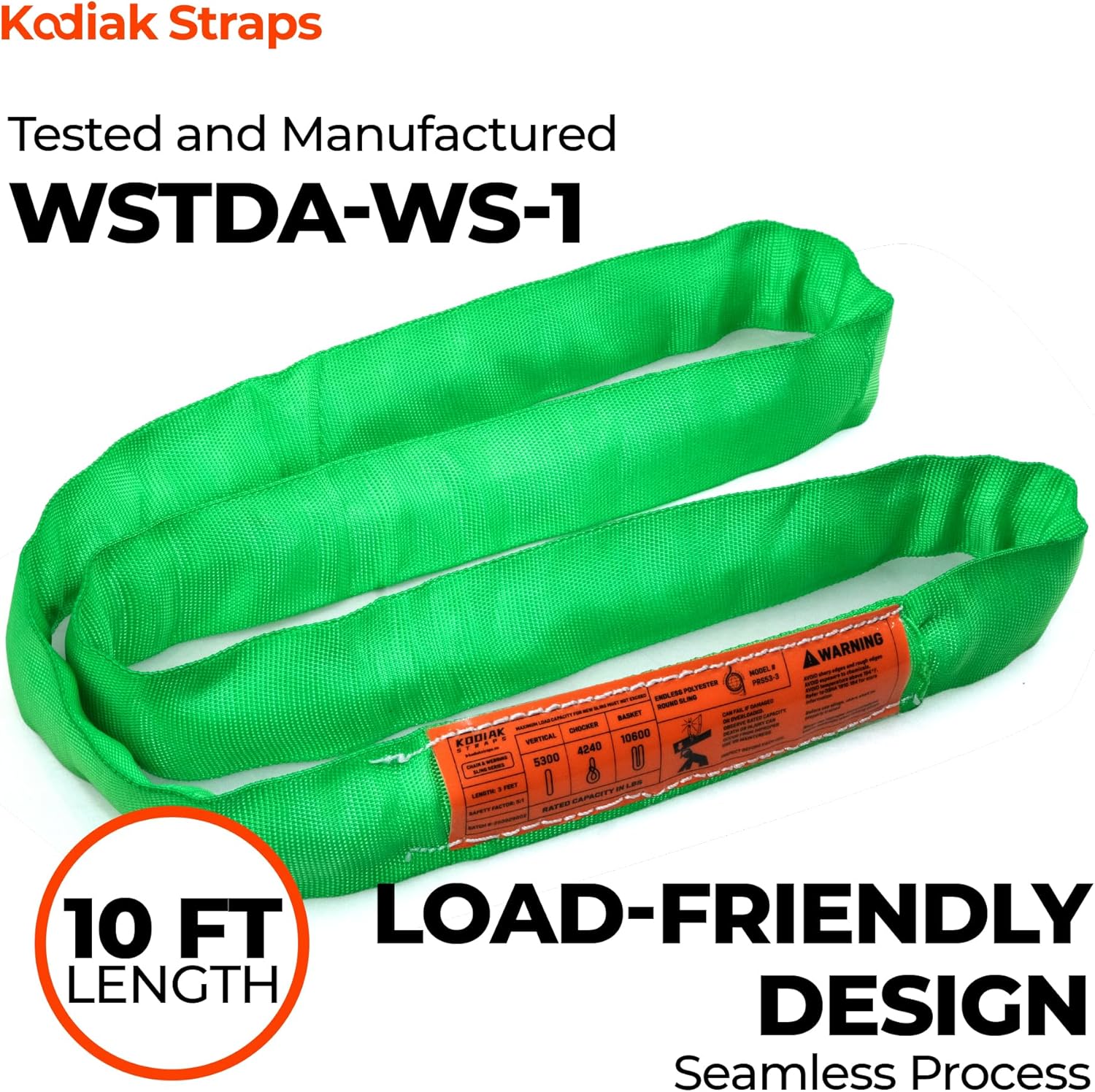 KODIAK STRAPS Endless Round Sling 5,300 lbs Vertical Rated, 10 Ft Industrial Rigging Strap, Construction Crane & Machinery Moving Hoist Loop, OSHA Compliant (1 Pack)