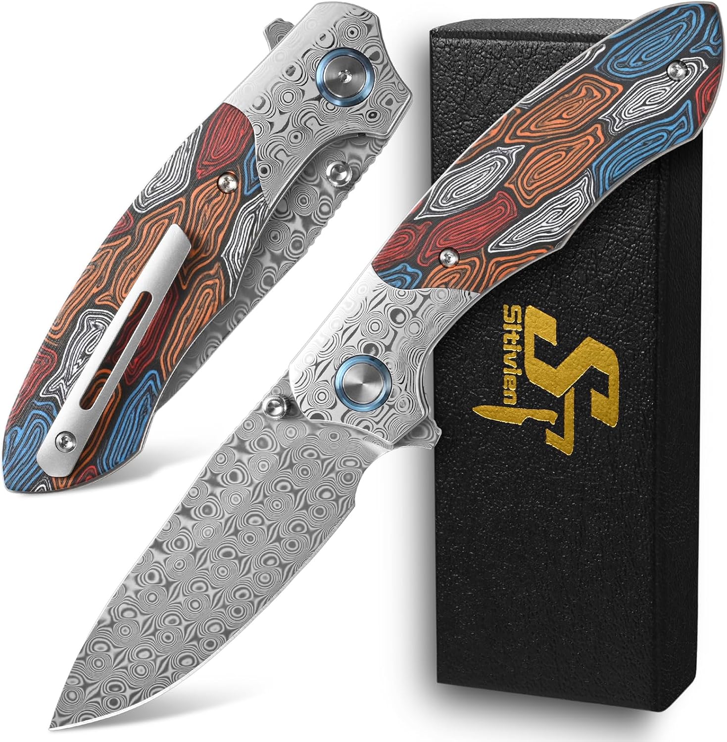 Sitivien ST272 Damascus Steel Blade Folding Knife, Colorful G10 Handle Knife with Ball Bearing for Outdoor Camping, Hiking, Fishing(Color)