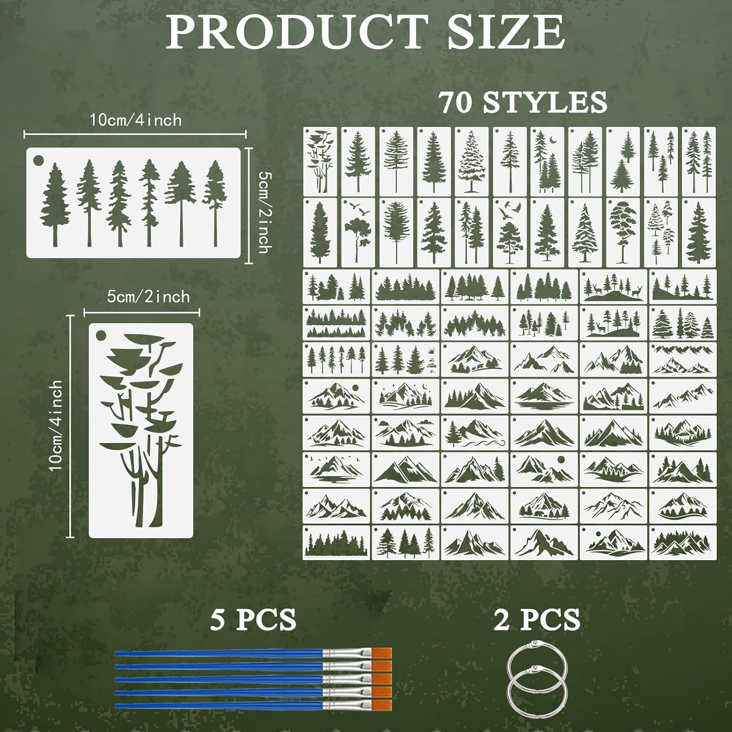 70PCS Mountain Stencils for Painting on Wood 4 x 2 Inch Pine Tree Stencils Plant Stencil with 5 Brushes and 2 Binder Forest Tree Stencil Plastic Art Drawing Templates for Home Wall Decor