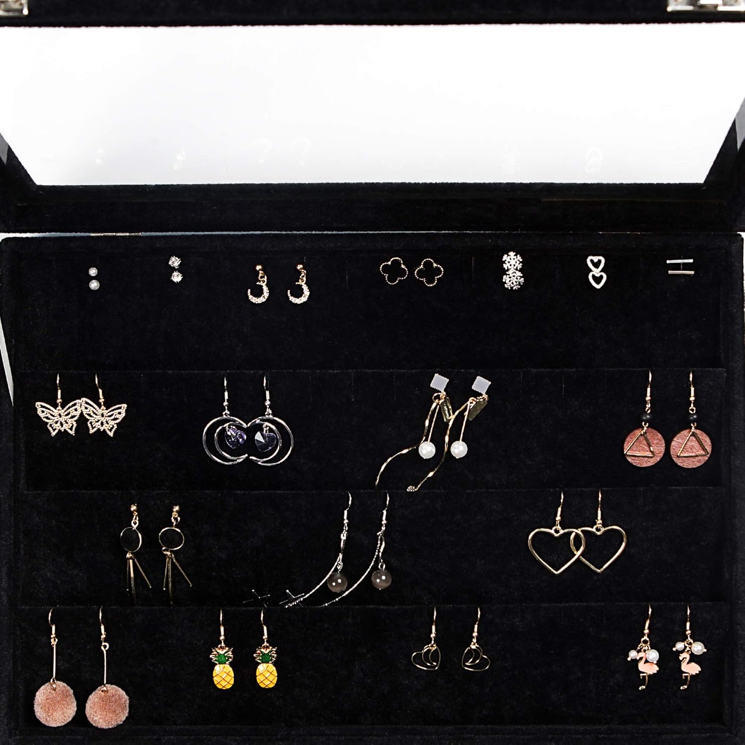 Frebeauty Earrings Organizer Tray with Clear Lid Bundle:64 Slots Velvet Drawer Insert Earring box with Transparent Glass lid Jewelry Display Case with lock Gifts for Girls Women(Black and Grey)