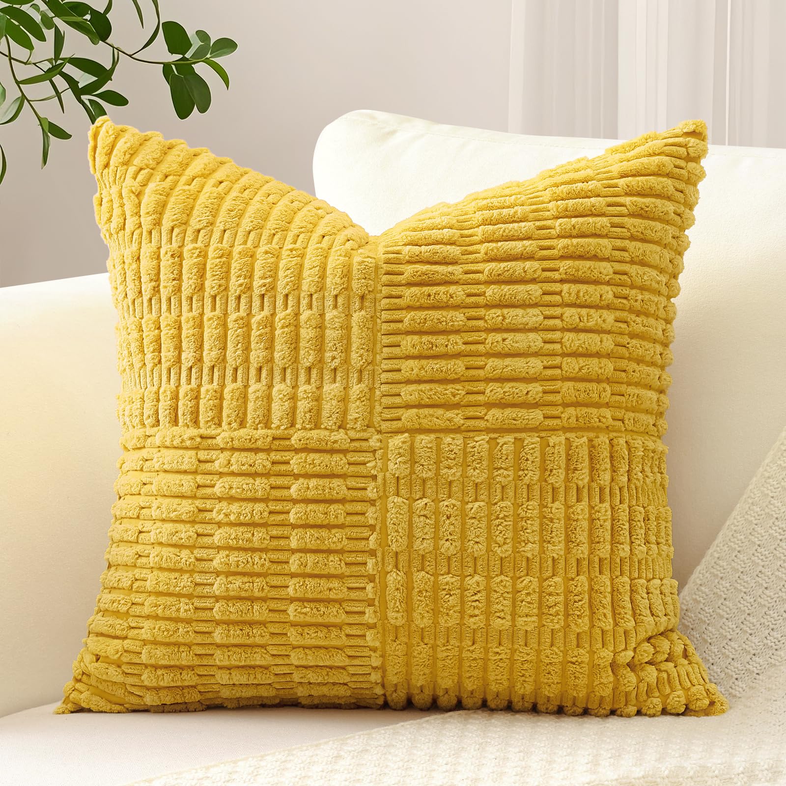 Sungeek Set of 1 Decorative Cushion Cover 50 x 50cm Soft Corduroy Striped Cross Patchwork Textured Pillow Case Boho Farmhouse Square Throw Pillow Cover for Sofa Bed Patio 20x20 Inch, Yellow