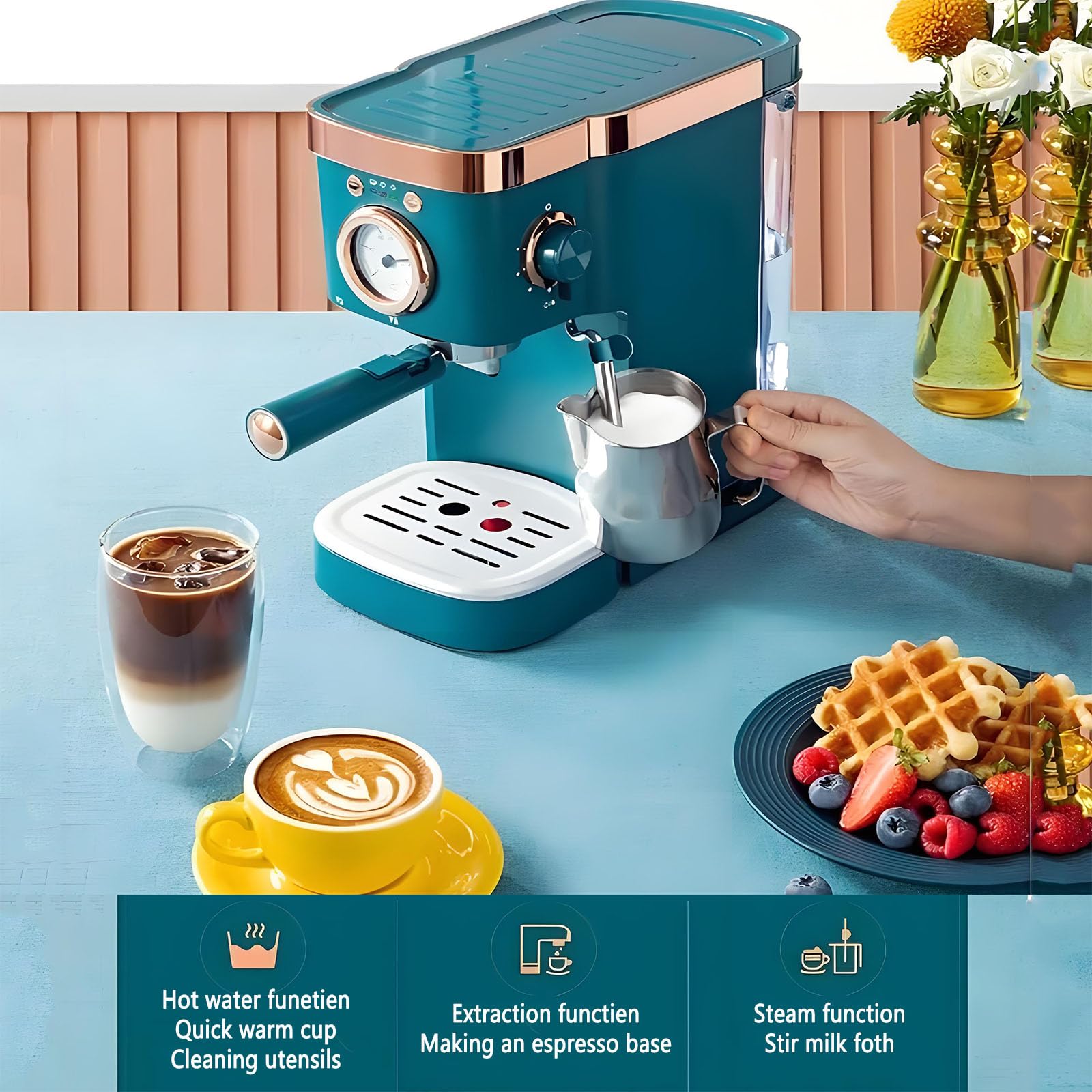 Ekspres do kawy espresso, retro zaparzacz parowy z miernikiem temperatury, wysokie ciśnienie 20 barów, ekstrakcja w ciągu 20 sekund, 4 regulowane poziomy pary do cappuccino i espresso