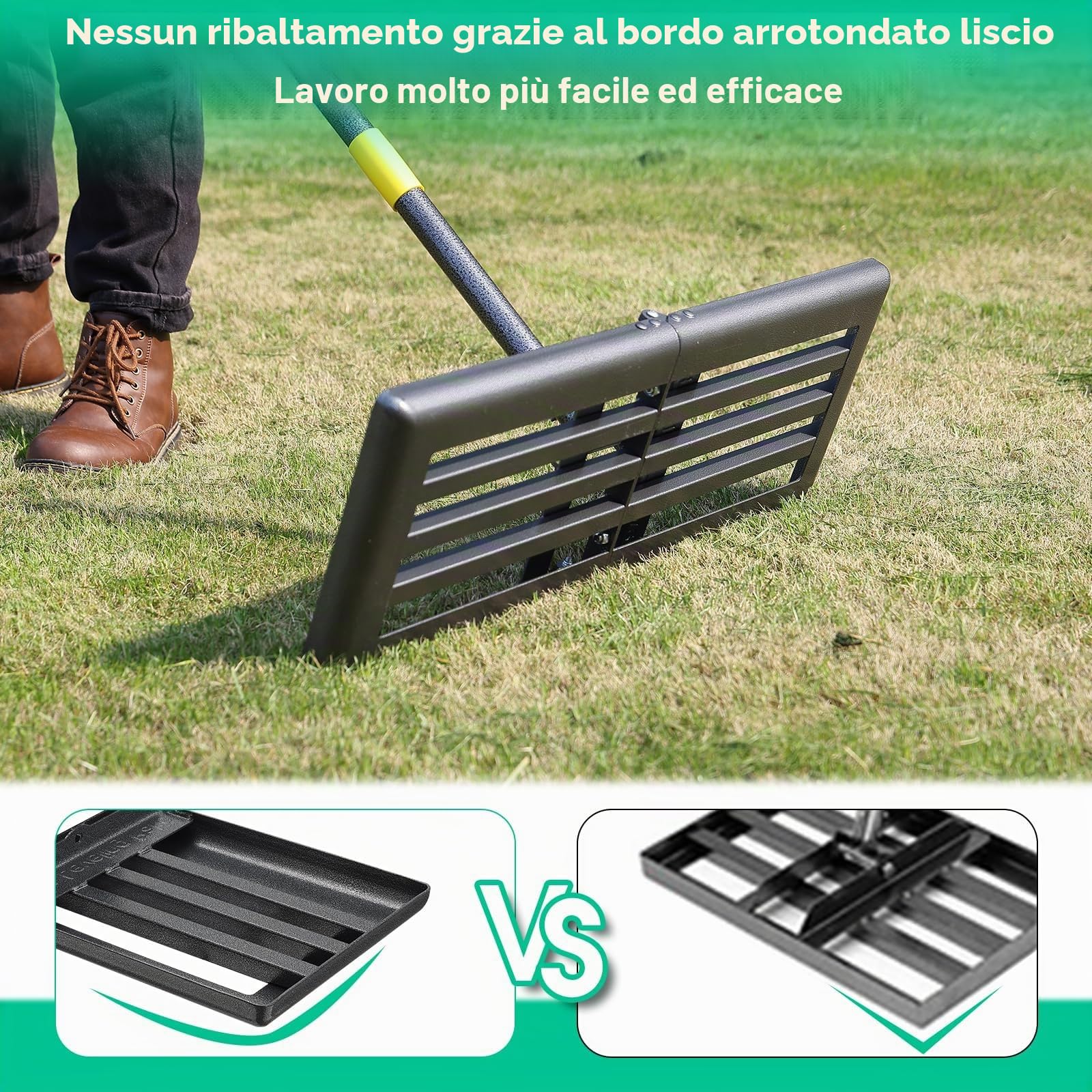 Rastrello per prato per livellamento, in acciaio inox, 157 cm, giardino, cortile