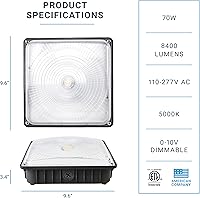 Vista 2 de PARMIDA - Luz LED para toldo, 70 W, regulable, 110-277 VAC, IP65 impermeable, certificación ETL, 5000K, 9.6 x 9.6 pulgadas, gasolinera, iluminación