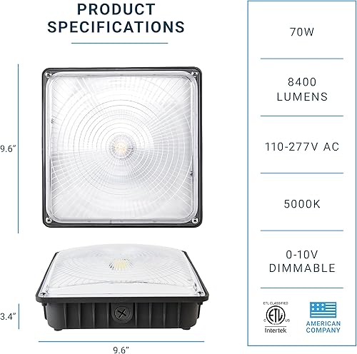 Miniatura 2 de PARMIDA - Luz LED para toldo, 70 W, regulable, 110-277 VAC, IP65 impermeable, certificación ETL, 5000K, 9.6 x 9.6 pulgadas, gasolinera, iluminación
