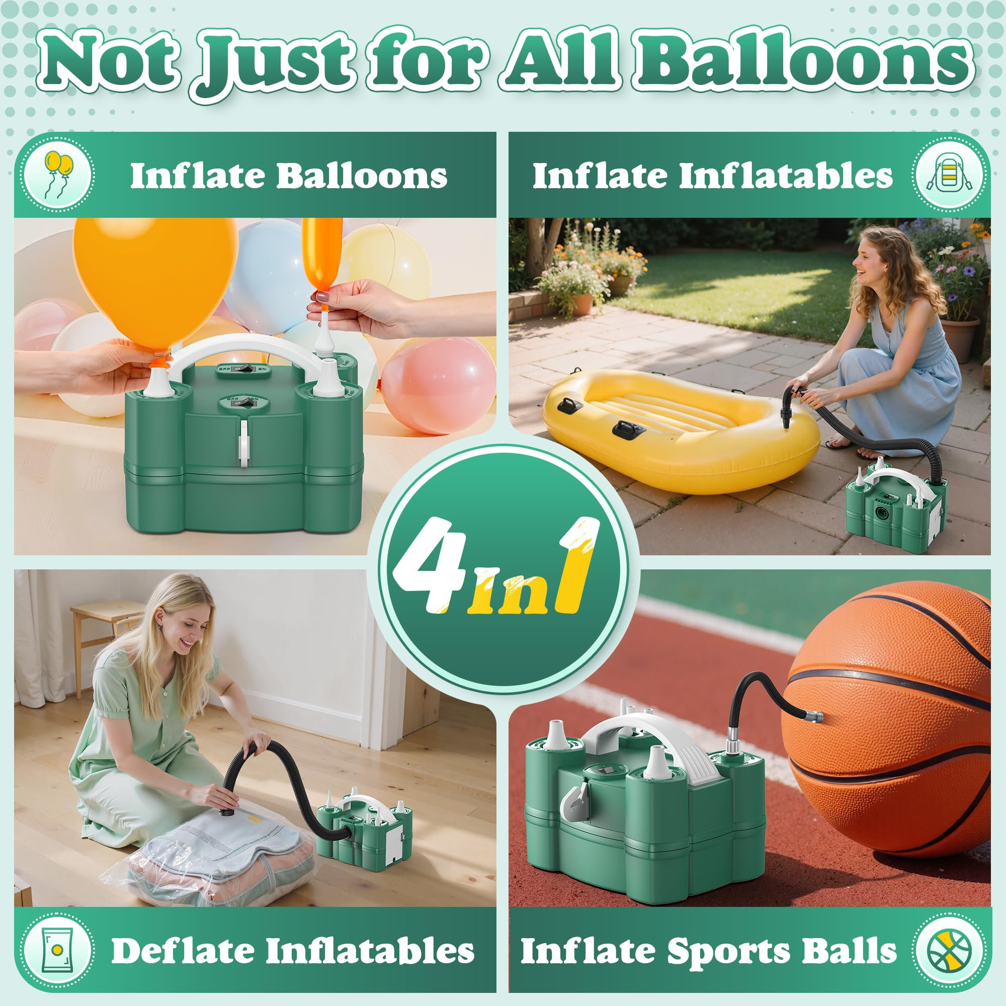 LooLaa Ballonpumpe 4 in 1 Elektrische Ballonpumpe mit dreifachen Aufblasanschlüssen für alle Ballons Luftfüllmaschine für Sportbälle Inflator Deflator für aufblasbare Gegenstände (Kordelzugbeutel