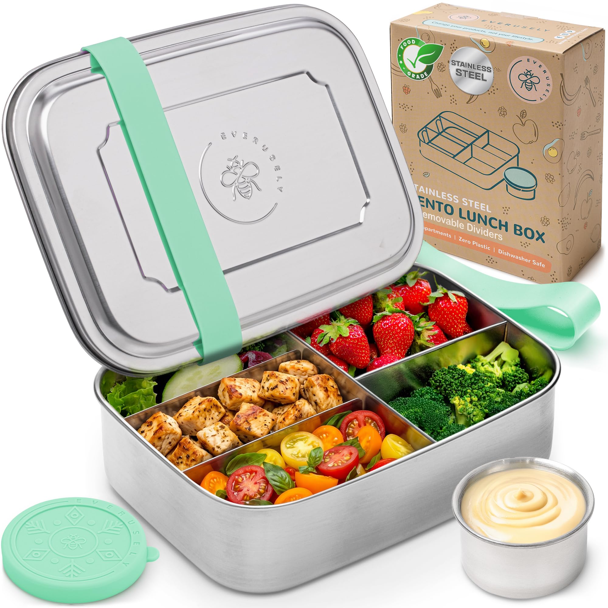 Everusely Stainless Steel Lunch Box - 1800 mL Large Metal Food Container with 5 Compartments & 2 Removable Dividers - Plastic Free Meal Prep Bento Box - Dishwasher Safe Divided Snack Box