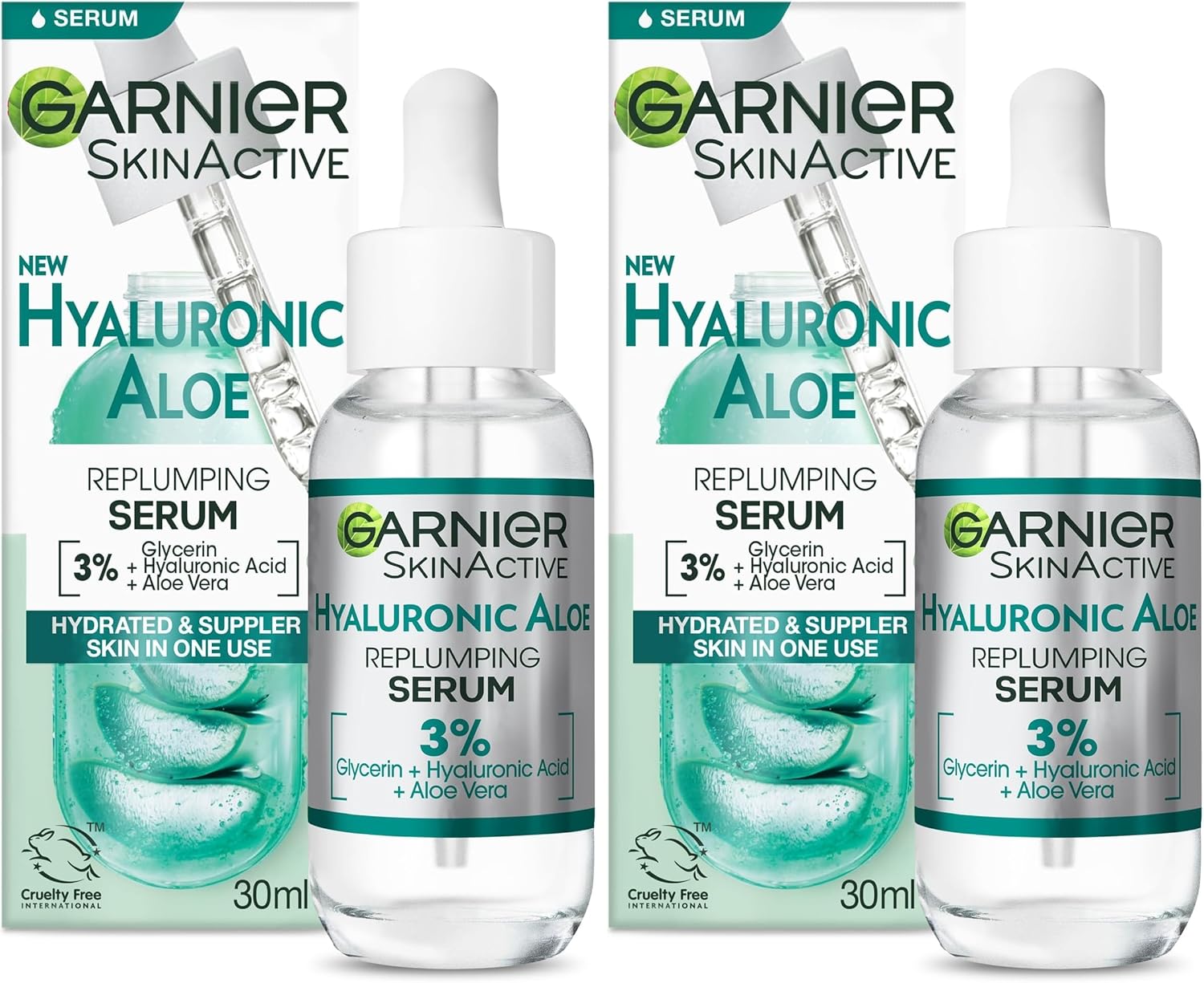 Garnier SkinActive Hyaluronic Aloe Plumping Gel Serum – Care Enriched with Hyaluronic Acid and Aloe Vera – For All Skin Types – 30 ml (Pack of 2)