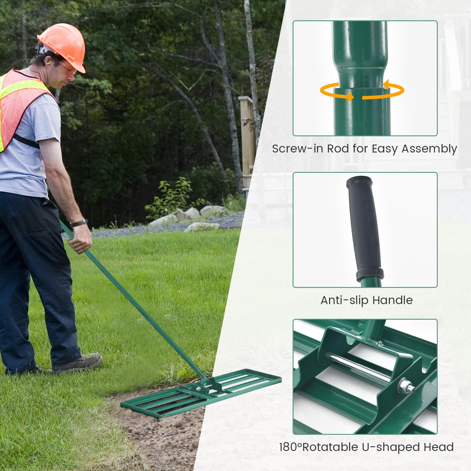 FANTASK Rastrello per il livellamento del prato, con impugnatura ergonomica, raschietto per prato, rastrello per giardino, golf e cortile (verde, 106 cm x 25 cm)