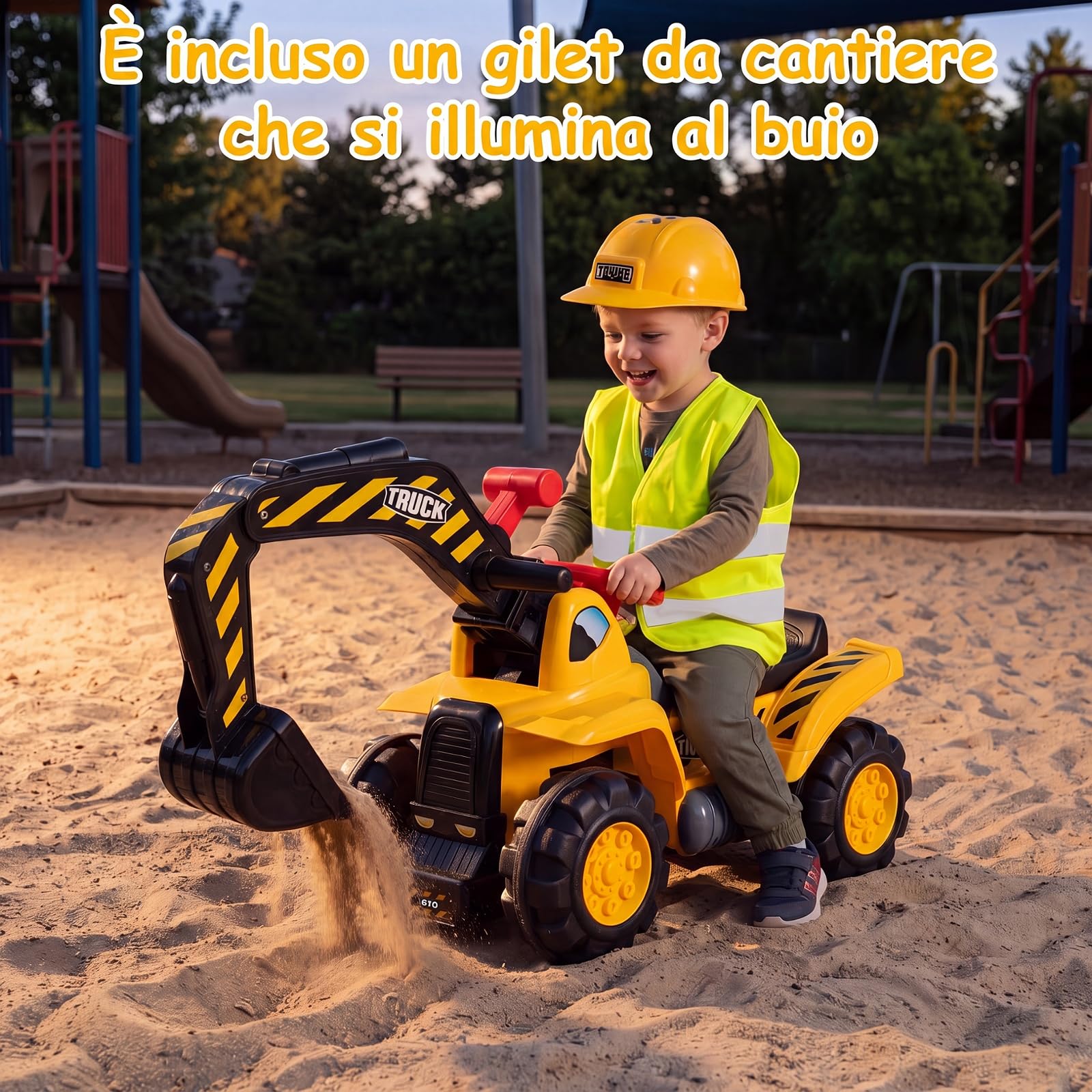 COSTWAY 3 in 1 Escavatore Cavalcabile per Bambini 2+ Anni, Carico 25 kg | Ruspa Giocattolo per Bambini con Suoni Realistici, Seduta con Vano Portaoggetti, Pietre, Casco e Gilet, per Casa Asilo