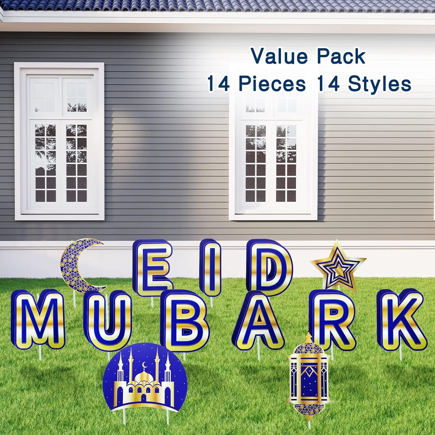 14 Sets Eid Mubarak Yard Sign Ramadan Yard decor Moon Lantern Star Outdoor Lawn Decorations Islamic Celebration Sign with Stake for Eid Mubarak Party Supplies, 12 x 14 In, 14 x 14 In, Single Sided
