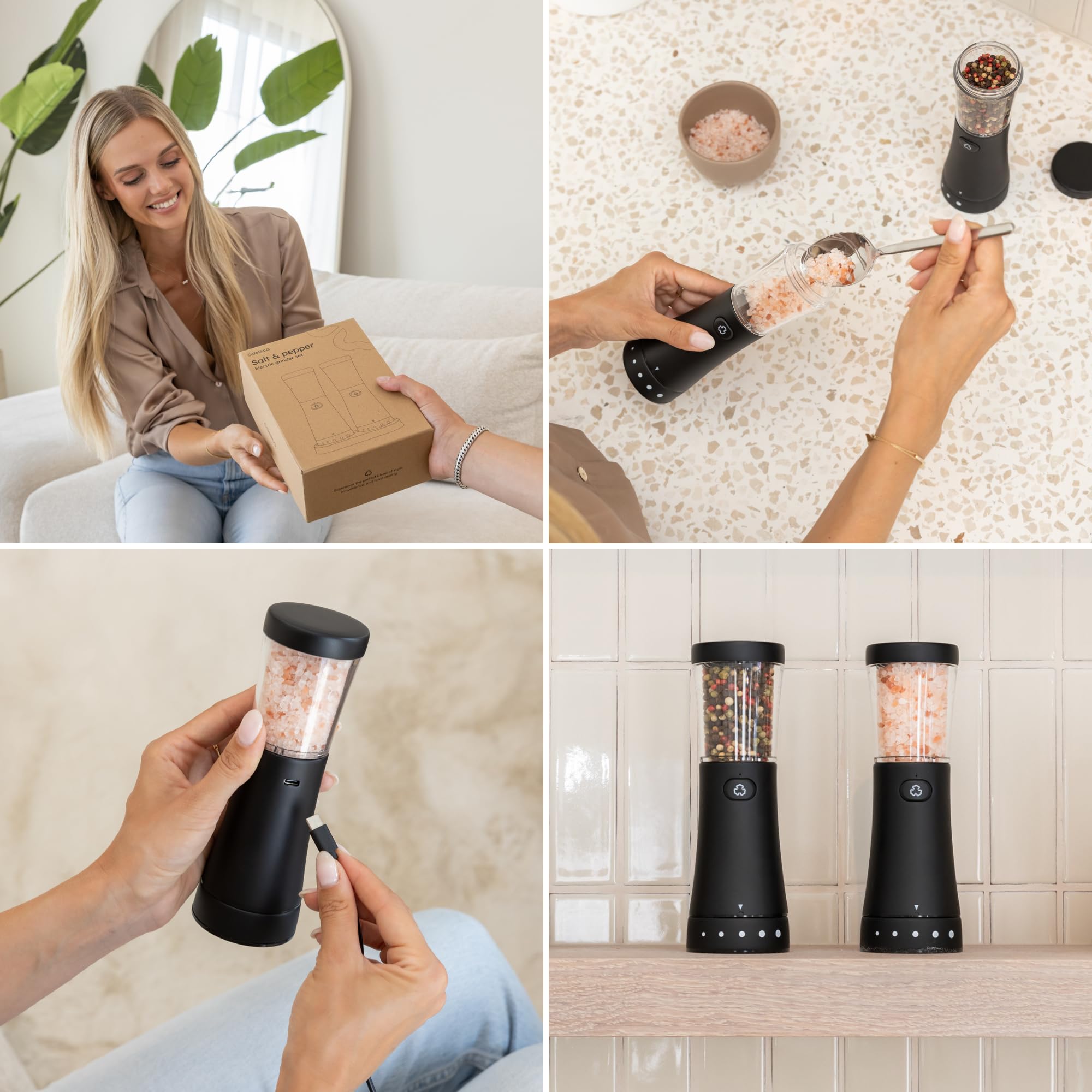 Salz und Pfeffermühle Elektrisch - Gustaro - 130ml - Einstellbarer Mahlgrad - USB-C Aufladbar - LED-Licht - Keramikmahlwerk - Matt Schwarz