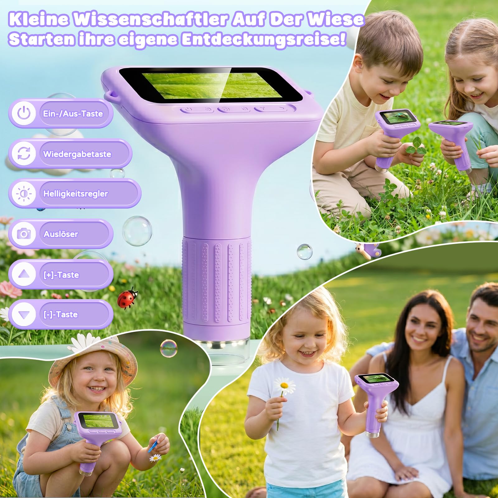 Digitales Mikroskop für Kinder 1000x Vergrößerung, Tragbares Mikroskop Kinder mit 3,0 Zoll HD Bildschirm, Fotofunktion und PC-kompatibel, Kindermikroskop für Garten, Wald & Outdoor (Lila)