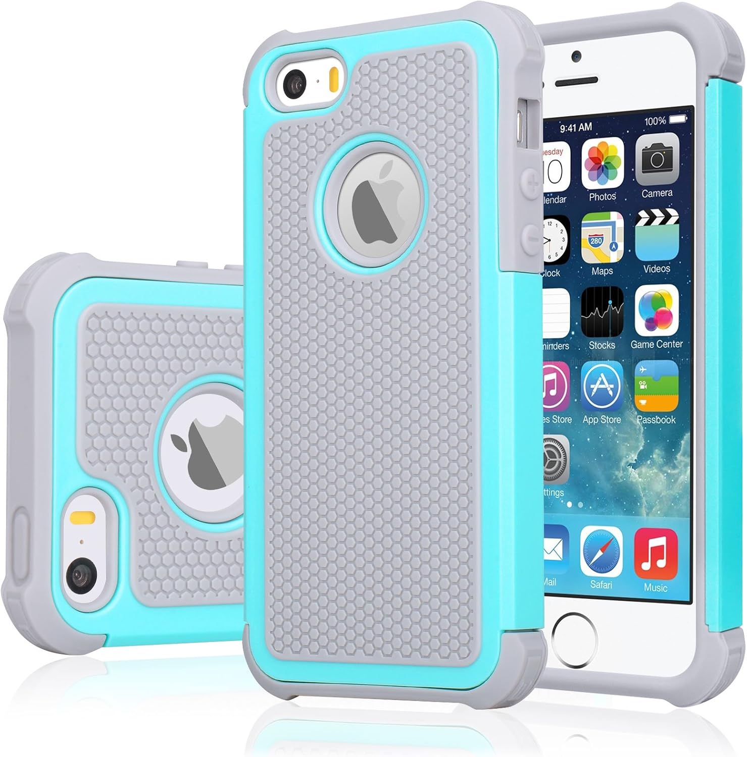 Jeylly iPhone SE Case, iPhone 5S Cover, Shock Absorbing Hard Plastic Outer + Rubber Silicone Inner Scratch Defender Bumper Rugged Hard Case Cover for Apple iPhone SE/5S - Turquoise&Grey