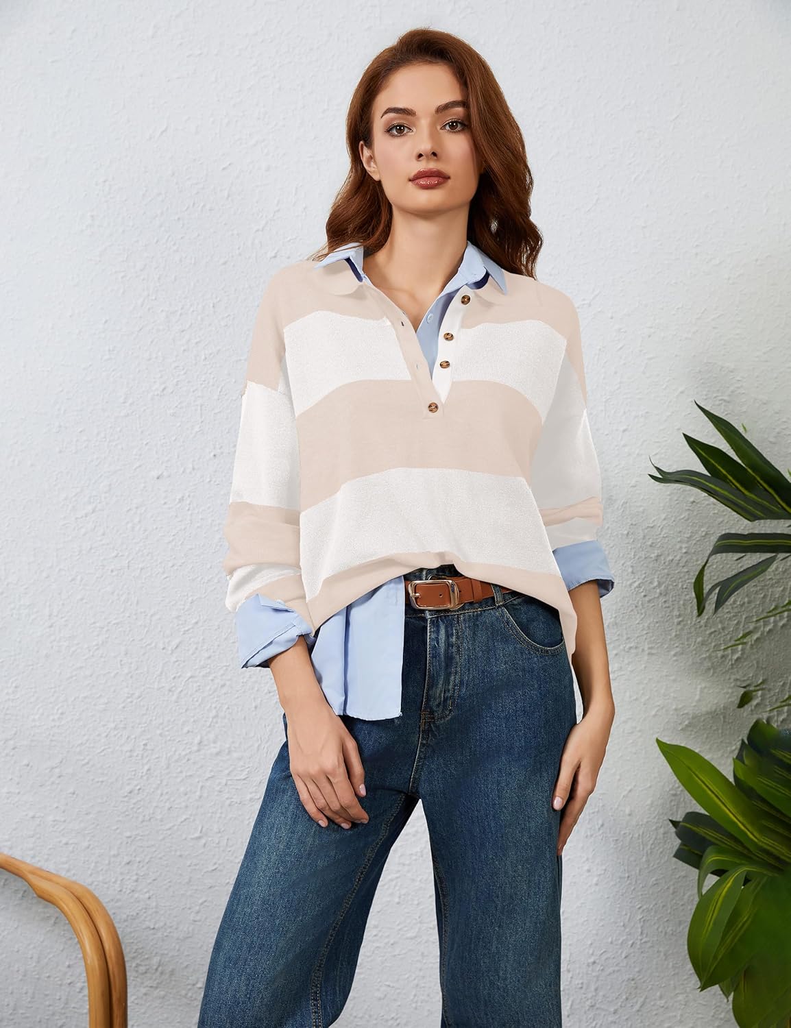 Womens Striped Sweater Shirts Lapel Polo V Neck Long Sleeve Strip Knit Pullover Casual Layer Top Jumper Y2K Shirt - Image 2
