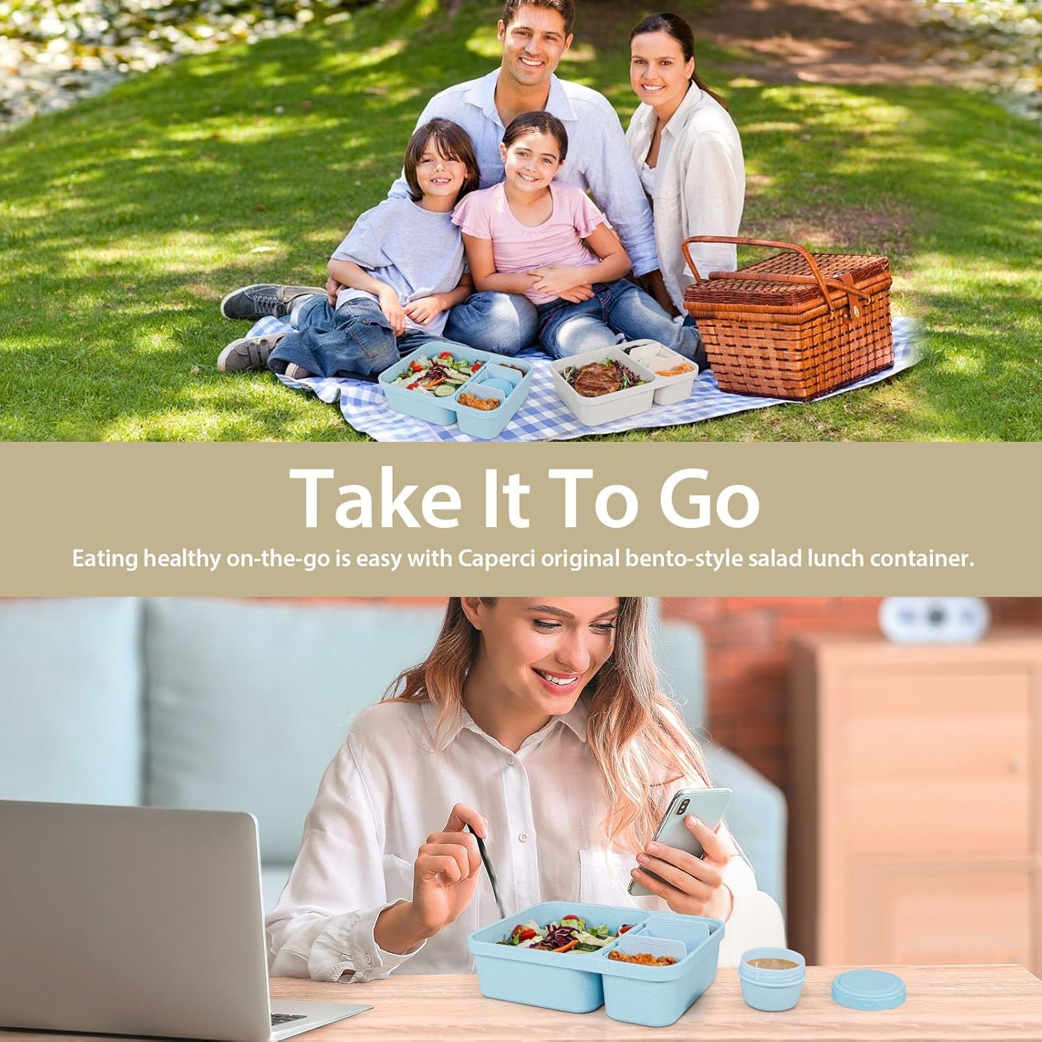 Caperci 2 Pack Salad Container for Lunch - 62 oz Large Bento Lunch Box for Adults, 2-Compartment Meal Prep Container with Removable Toppings Tray, Sauce Cup, Reusable Fork, BPA-Free (Blue & Tofu) - Image 7