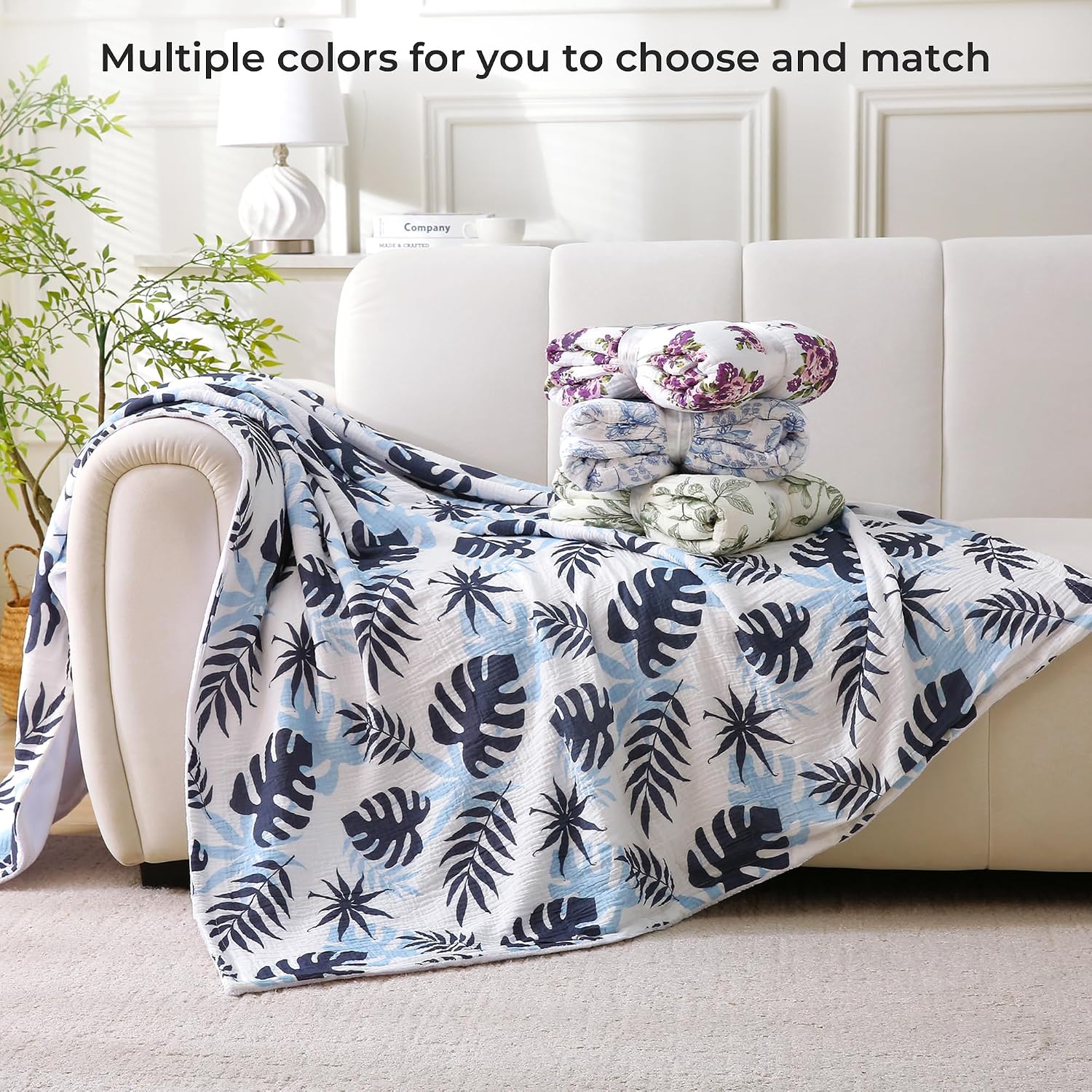 Muslin Blankets for Adults Reversible Throw Fleece & Gauze, Soft Cozy Lightweight Breathable Blanket for Bed Couch, Double Layer Muslin Summer Leaves Throw Cover 50"x70" image 4