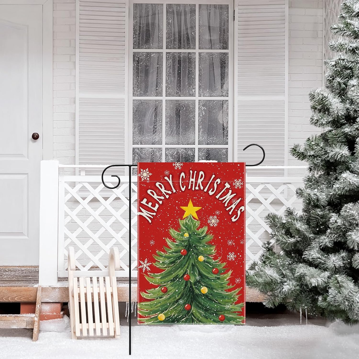 12 x 18 Inches Merry Christmas Tree Garden Flag Decorations, Double Sided Vertical Holiday Yard Flag with Star Topper and Snowflakes, Red Background with Ornaments, Indoor Outdoor House Patio Décor Party Supplies - Image 7