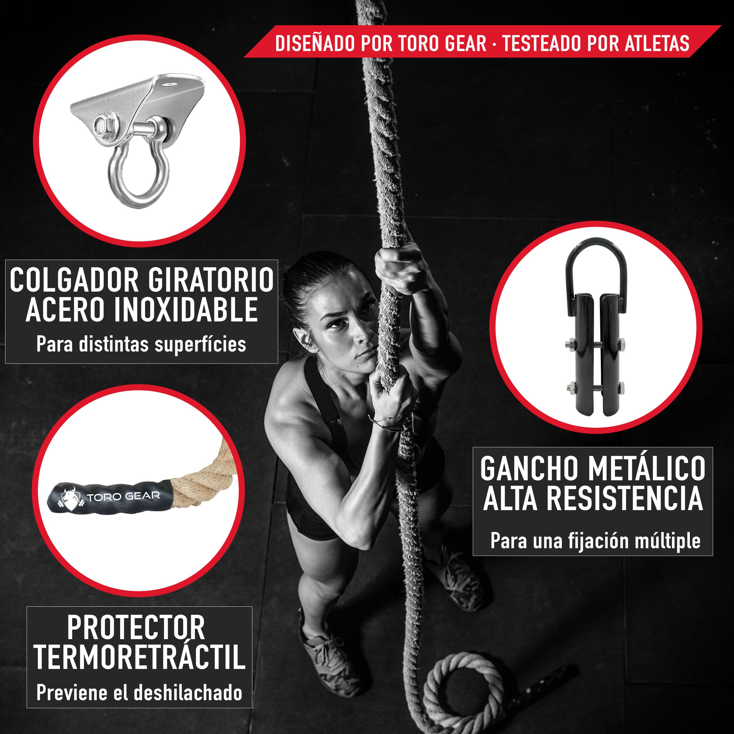 Cuerda para trepar de Yute 38 milímetros, 3-6 Metros – SOGA Crossfit, Batalla o Battle Rope, gimnasios, Bomberos – con Gancho para Aire Libre, Entrenamiento de Fitness y Fuerza