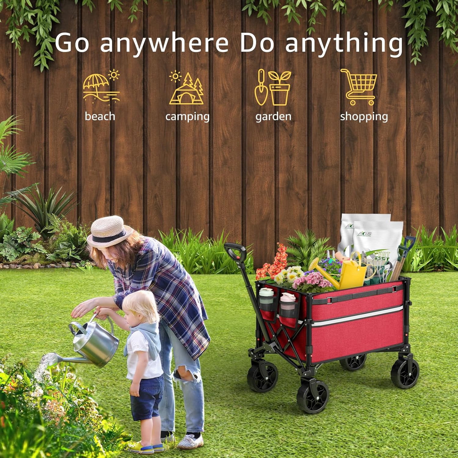 ROSONG Collapsible Wagon Cart with Wheels Foldable - Folding Utility Heavy Duty Wagons Carts for Grocery Sports Garden Shopping Camping Wheelbarrows, Burgundy Burgundy 120L
