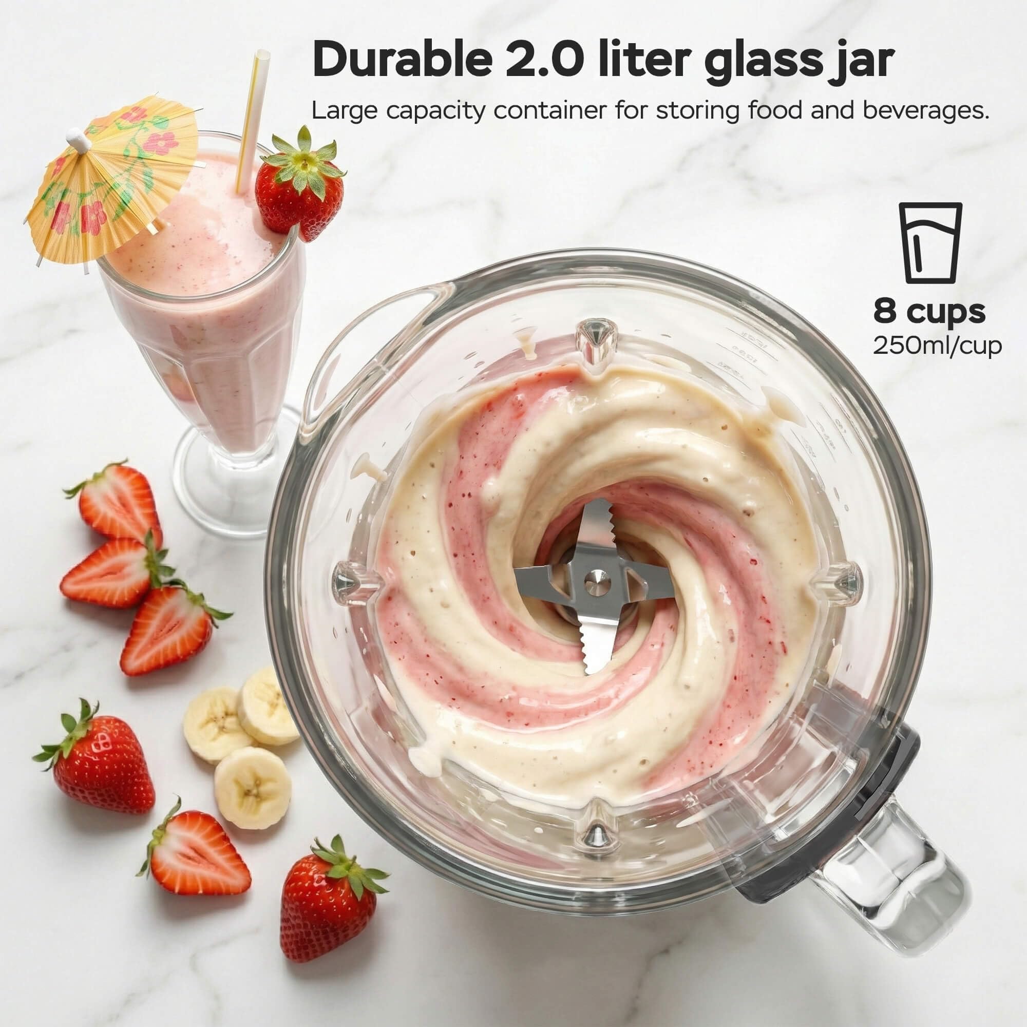 TurboTronic Standmixer - BG7-2100 Watt (25.000 RPM) mit 2,0 L Glasbehälter Edelstahl, Glas Smoothie Mixer/Maker Ice Crush Funktion Milchshaker Blender BPA FREI