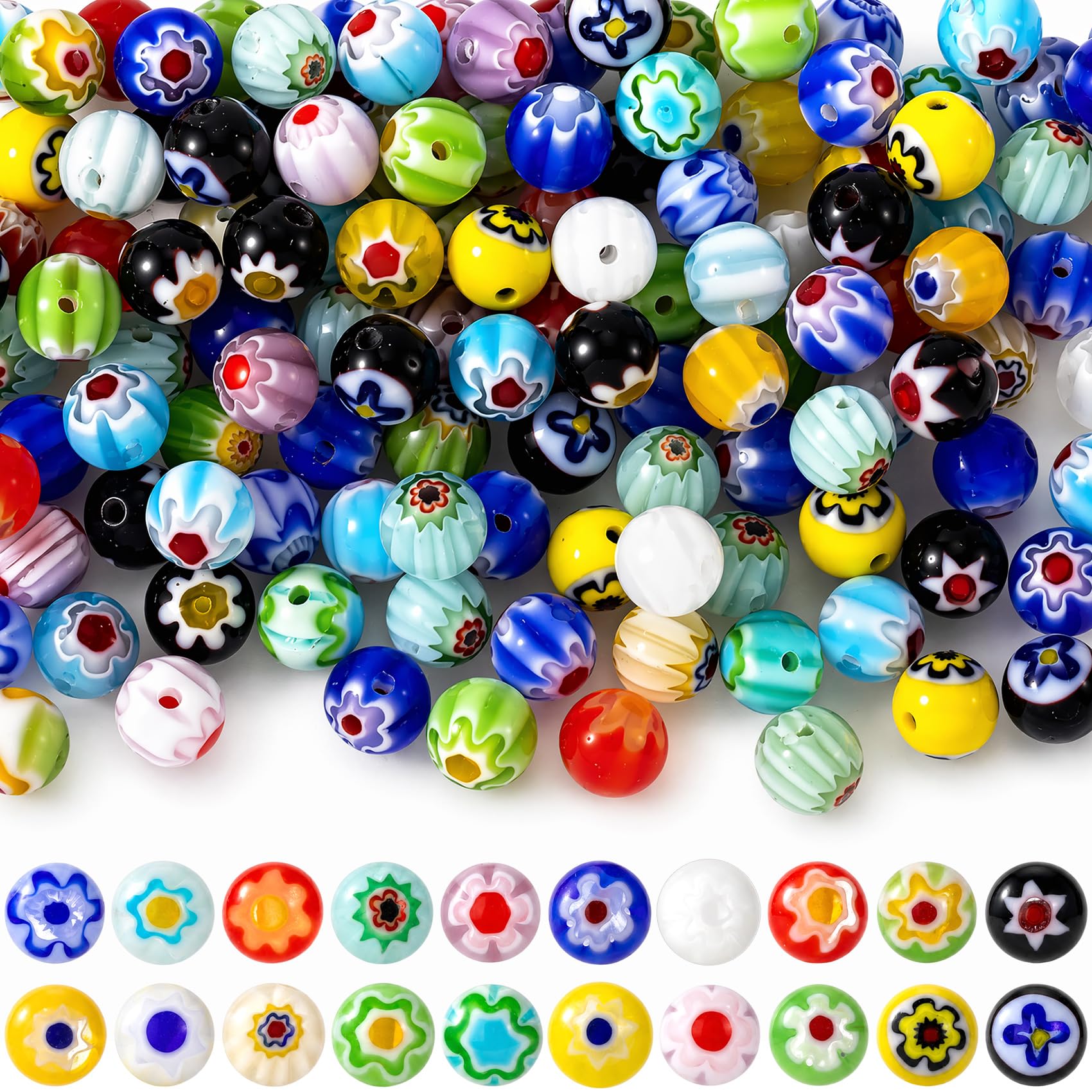 Perles en verre soufflé Millefiori x110 multicolores 6mm pour création de bijoux