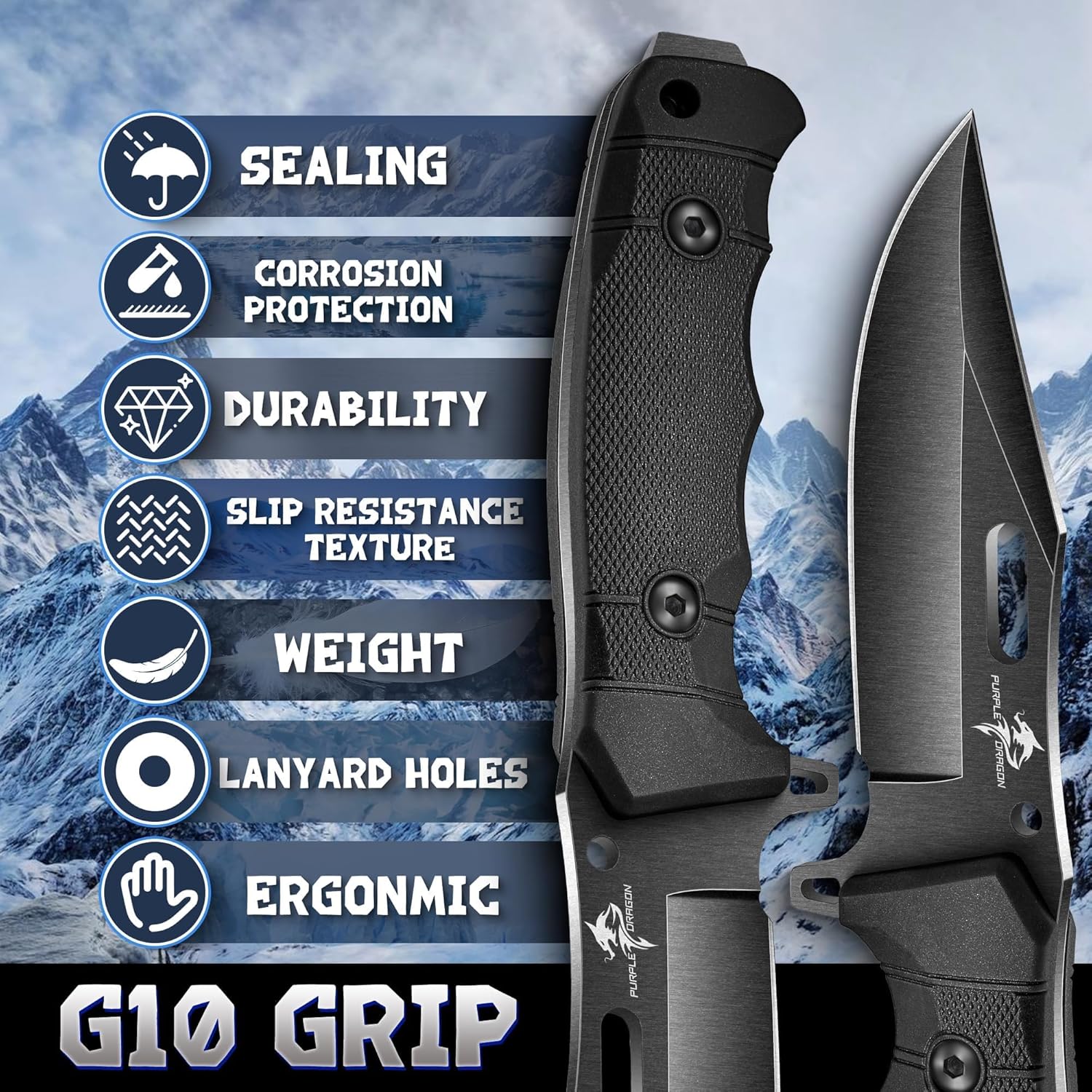 Purple Dragon Fixed Blade Knife with Kydex Sheath, D2 Steel Survival Knives, Black Camping Knife with Ergonomic G10 Handle, Outdoor Knives for Men and Women