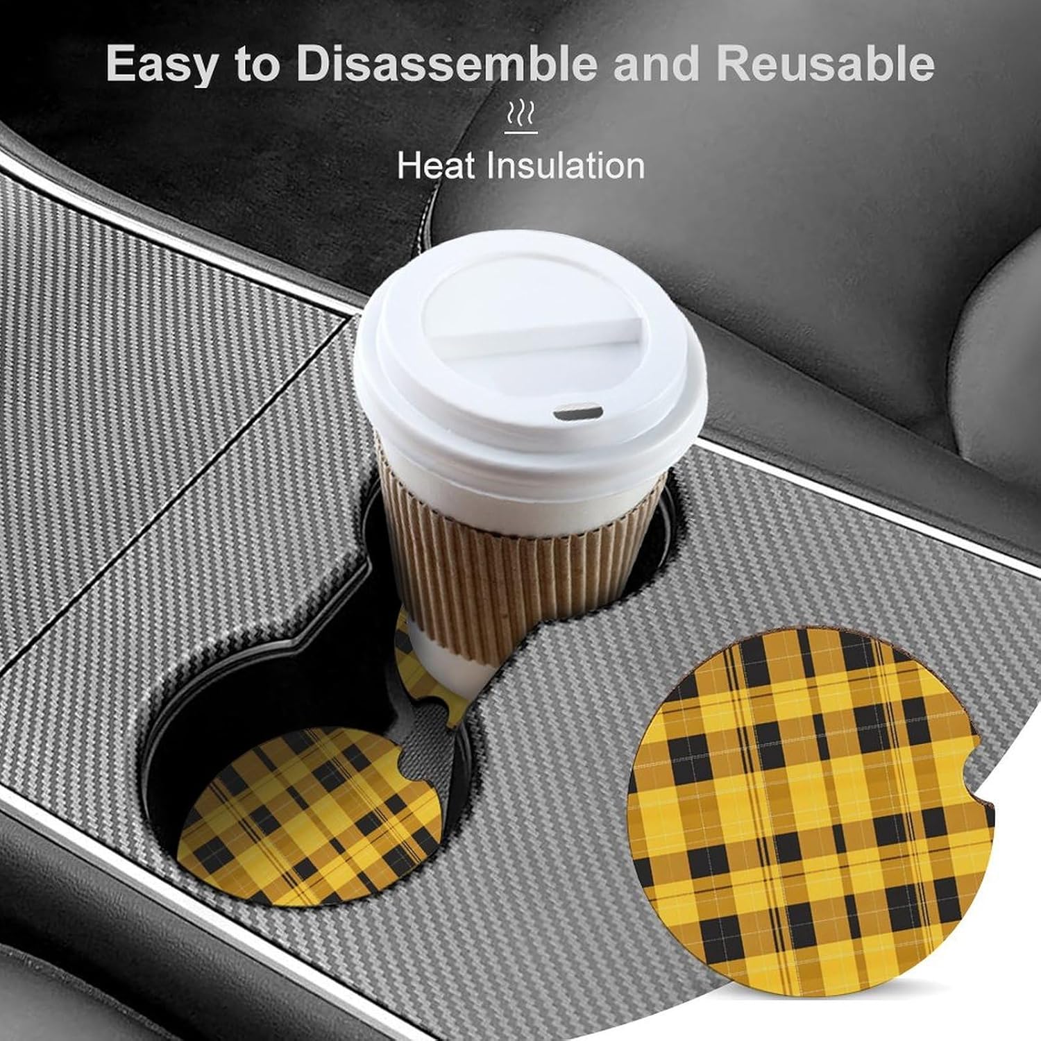 Plaid Checkered Yellow Cute Car Coasters 2.56 Inch Absorbent Cup Holder for Drinks Auto Interior Accessories