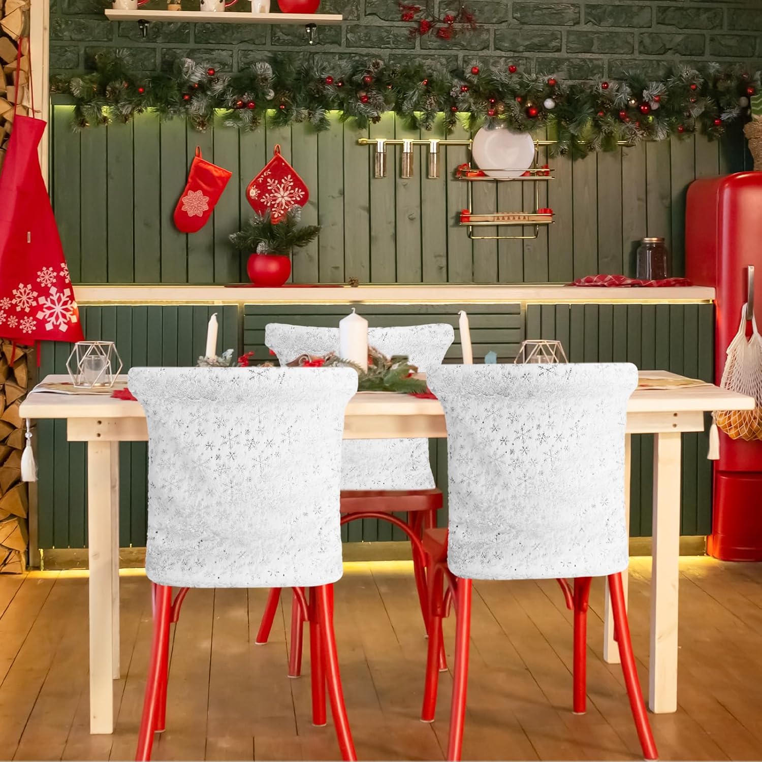 Moukeren 4 Pcs Christmas Chair Covers Plush Snowflake Chair Back Covers Sequin White Silver Washable Seat Slipcovers Protector for Holiday Xmas Kitchen Dining Room Home Decor