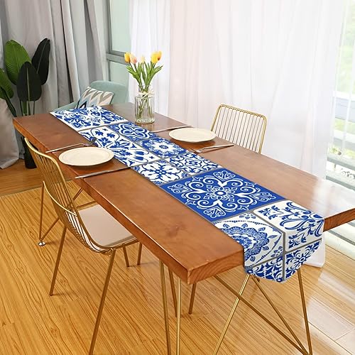 Miniatura 5 de xigua Camino de mesa de 13 x 90 pulgadas, color azul, de cerámica mexicana, antideslizante, resistente al calor, moderno, ideal para cenas,