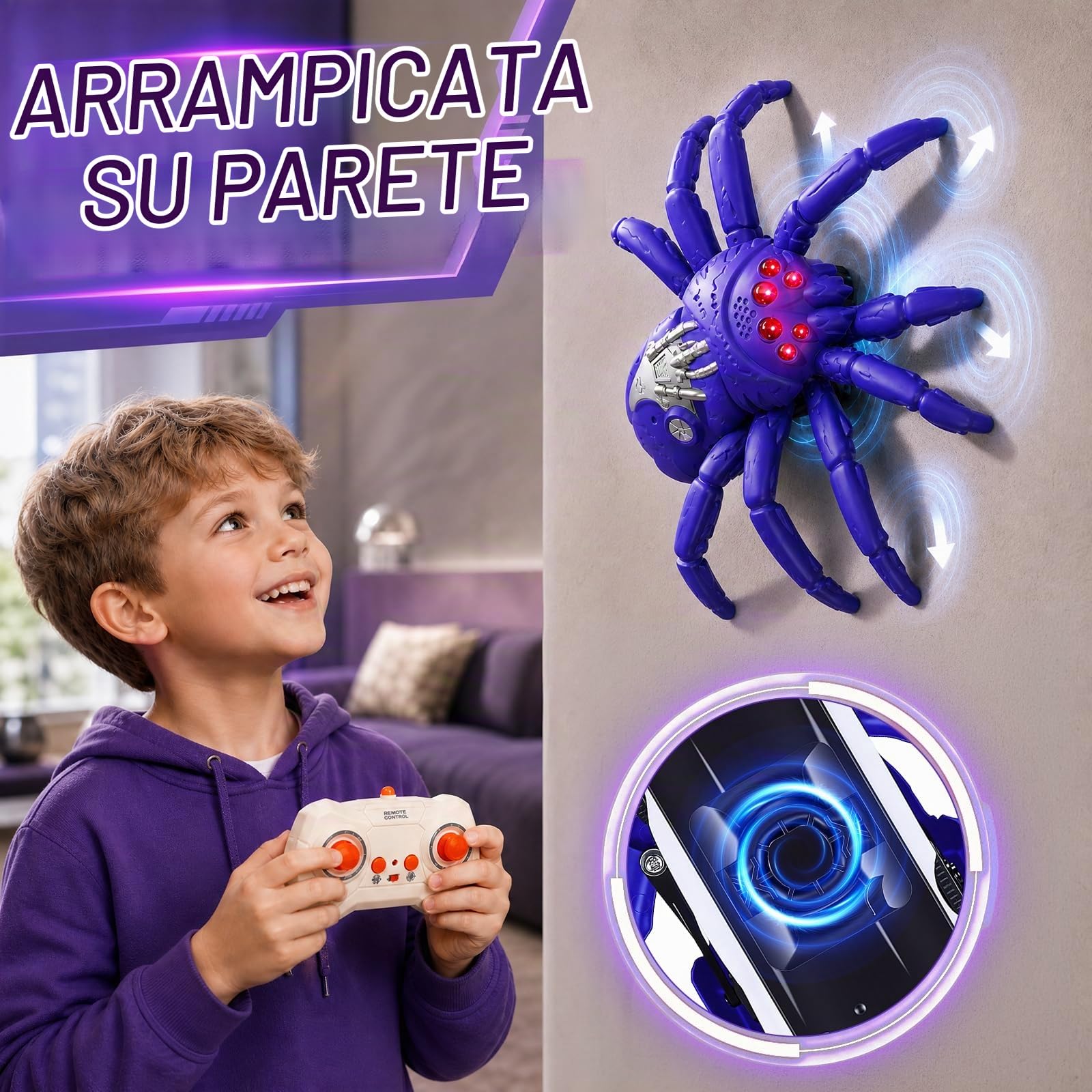 Ragno giocattolo telecomandato, ragno da parete per auto, giocattolo ragno radiocomandato, con 8 zampe, rotazione a 360°, occhi LED, pareti di arrampicata per parete e pavimento, per bambini
