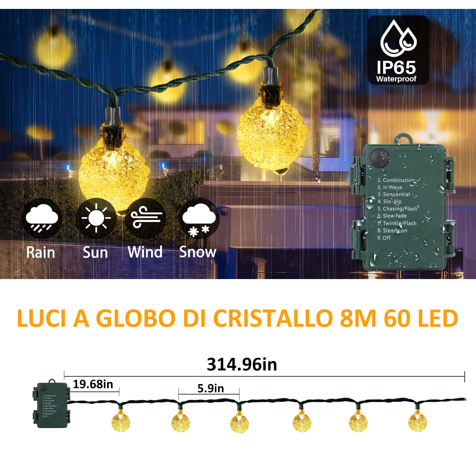 Guirlande Lumineuse 8M, 60 LED À Piles Boule De Cristal Lumière avec Télécommande 8 Modes Imperméable IP65 Ampoules, pour Noël Intérieur Extérieur Jardin Décoration, Mariage