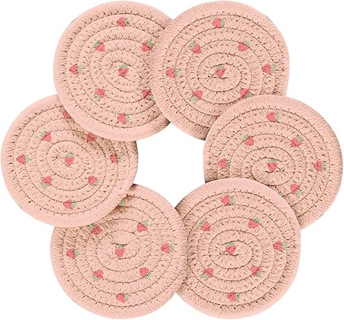 Miniatura 2 de innewgogo Pink Strawberry 6 Pcs Absorbent Drink Coasters for Tabletop Protection Handmade Round Woven Coaster with Holder & Heat Water Resistant