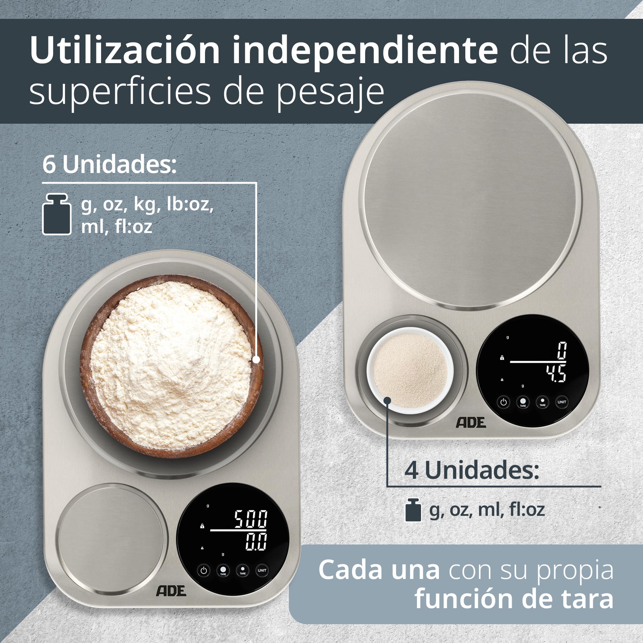 ADE Bascula de cocina digital con 2 plataformas 5kg/1g & 500g/0,1g | balanza de precisión exacta hasta 0,1g | balanza fina para la cocina | perfecta como balanza de café o para pan | 5 kg de capacidad