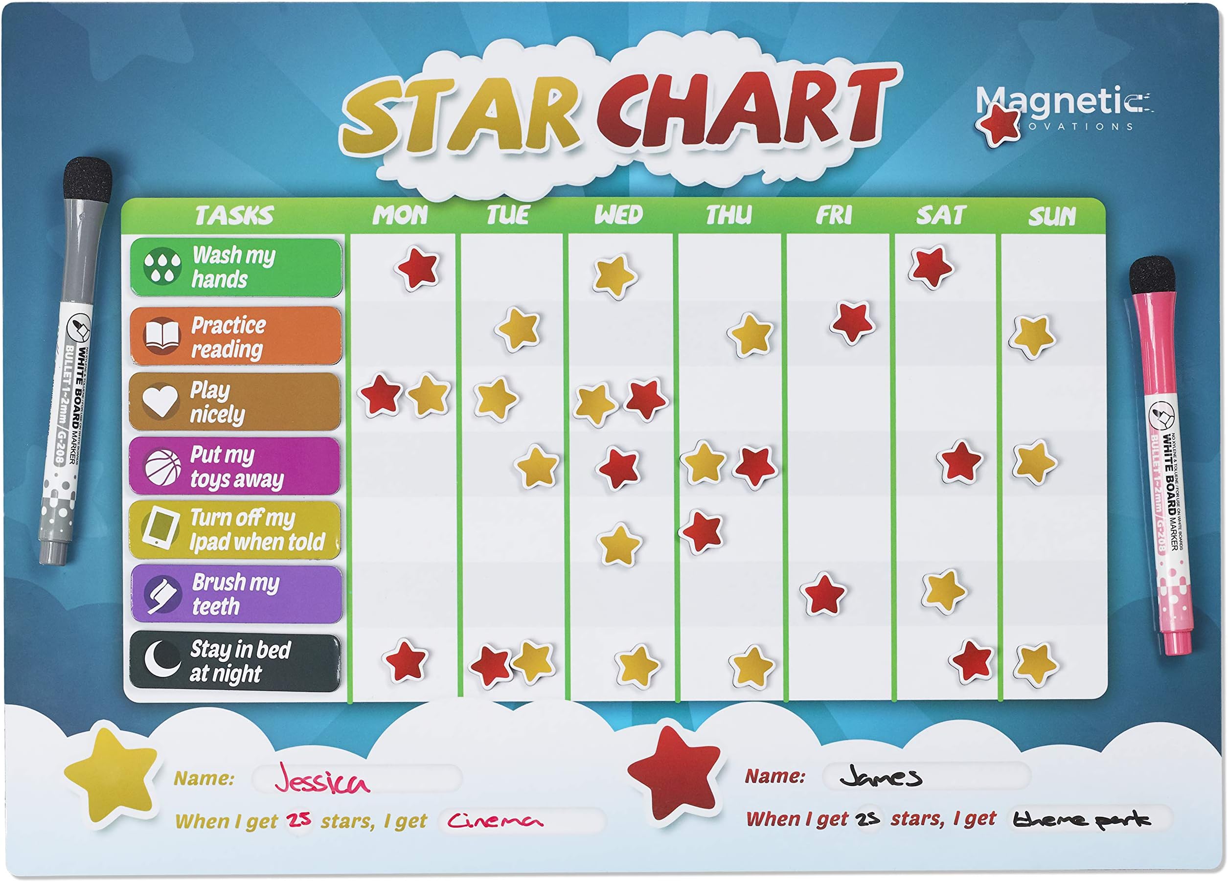 Star Chart for Children, Encourage Learning, Reward Good Behaviour, Large A3 Magnetic Dry Wipe Surface